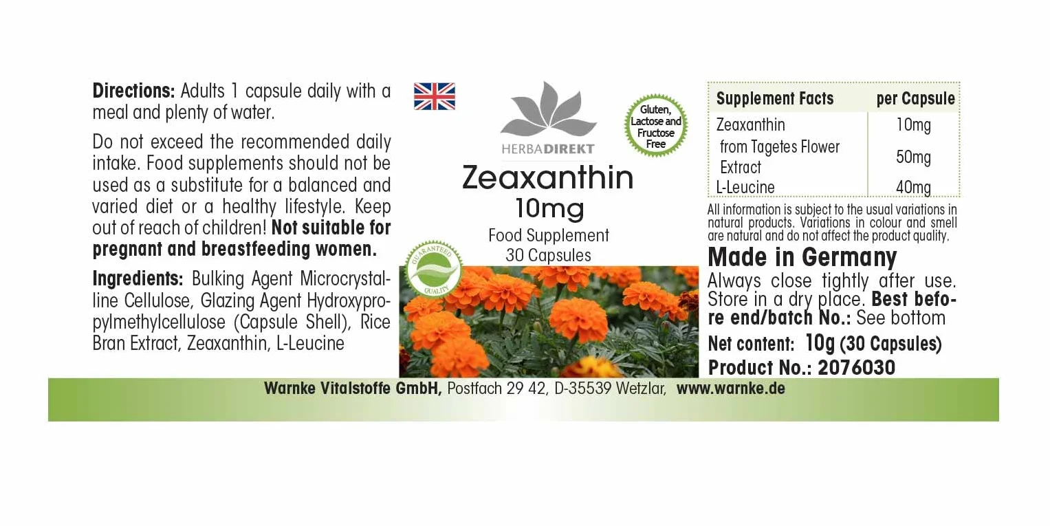 Zeaxantina 10mg 30 capsule Vegan HERBADIREKT by Warnke Vitalstoffe