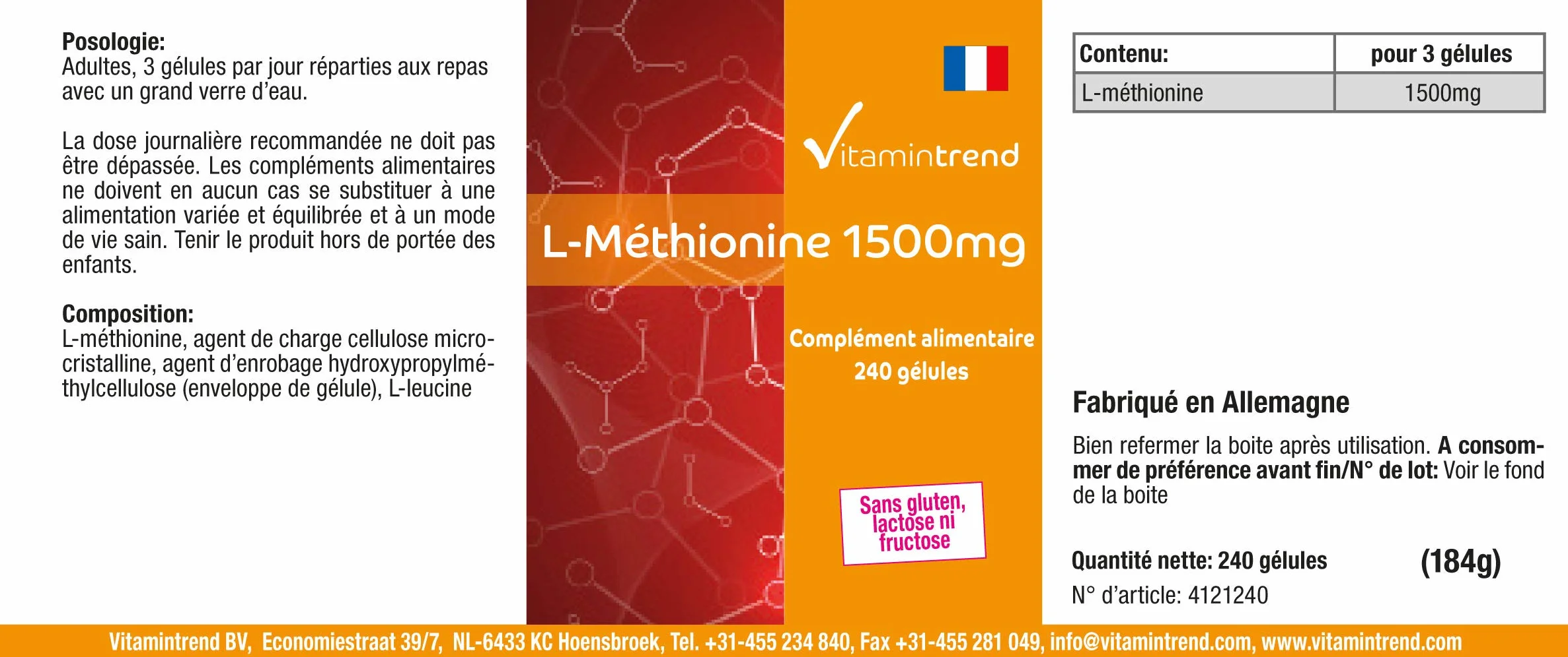 Vitamintrend L-Metionina 1500 mg per dose giornaliera, 240 capsule, ad alto dosaggio, integratore alimentare vegano senza magnesio stearato, prodotto in Germania
