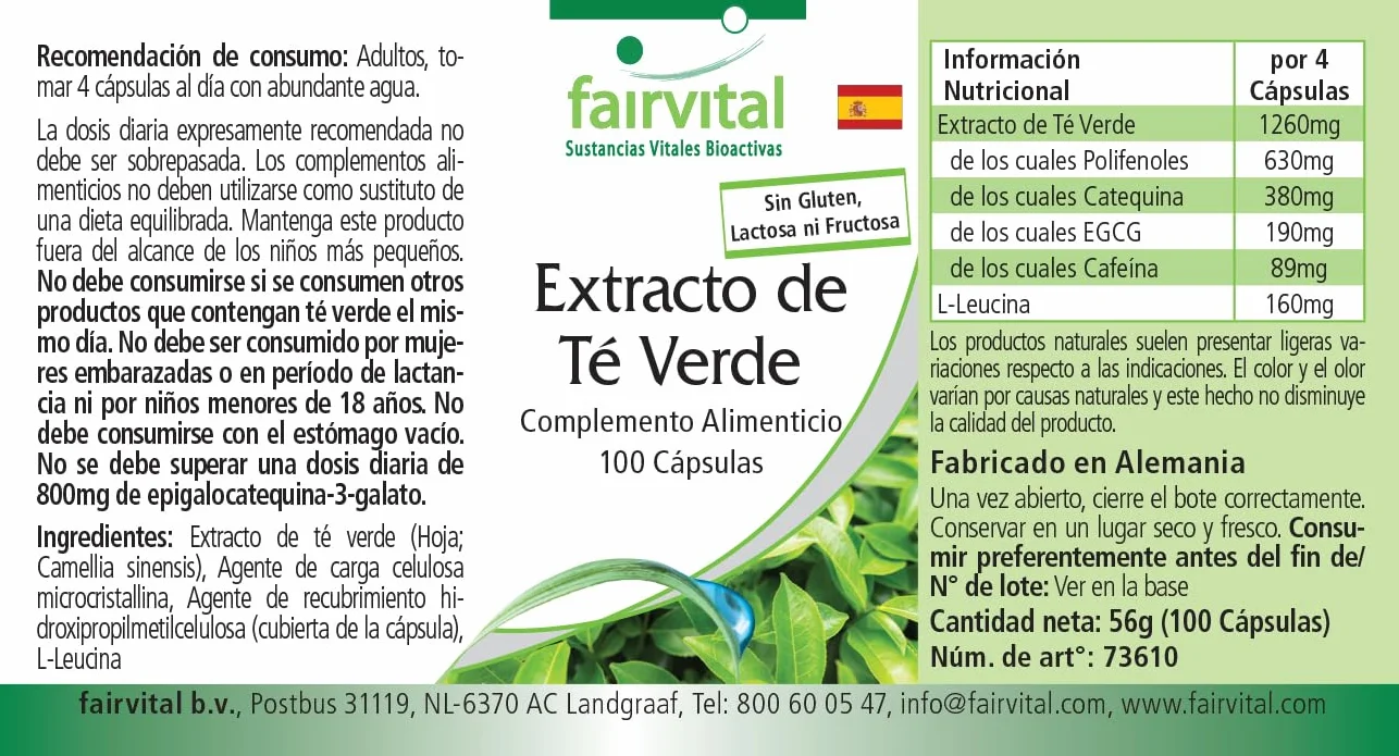 fairvital Estratto di tè verde, 100 capsule, facili da deglutire, polifenoli, catechine, EGCG e caffeina, ALTO DOSAGGIO, VEGANO, Camellia sinensis
