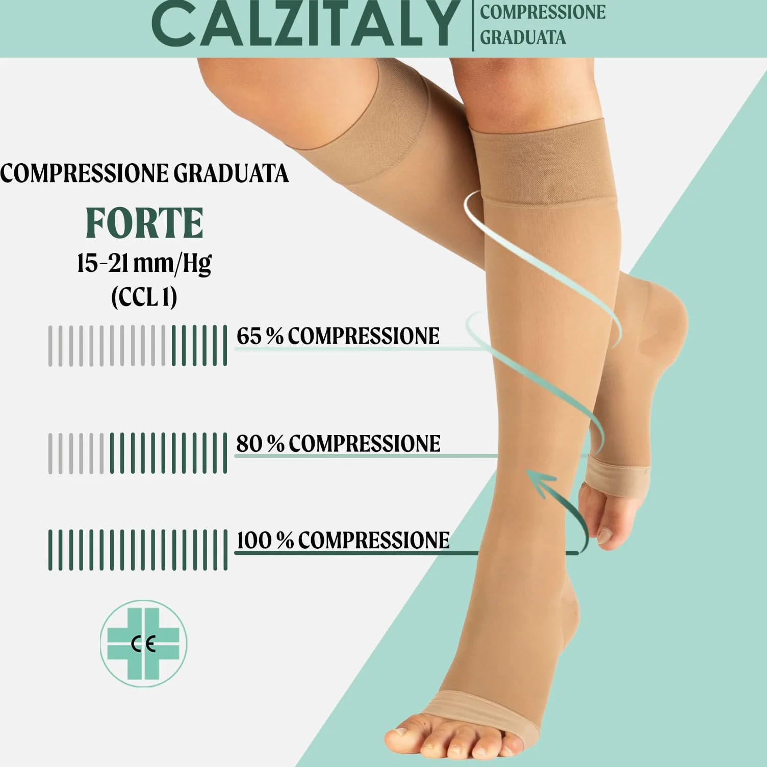 CALZITALY Gambaletti Compressione Graduata Forte 140 DEN 15/21mm/Hg Punta Aperta Beige S/M