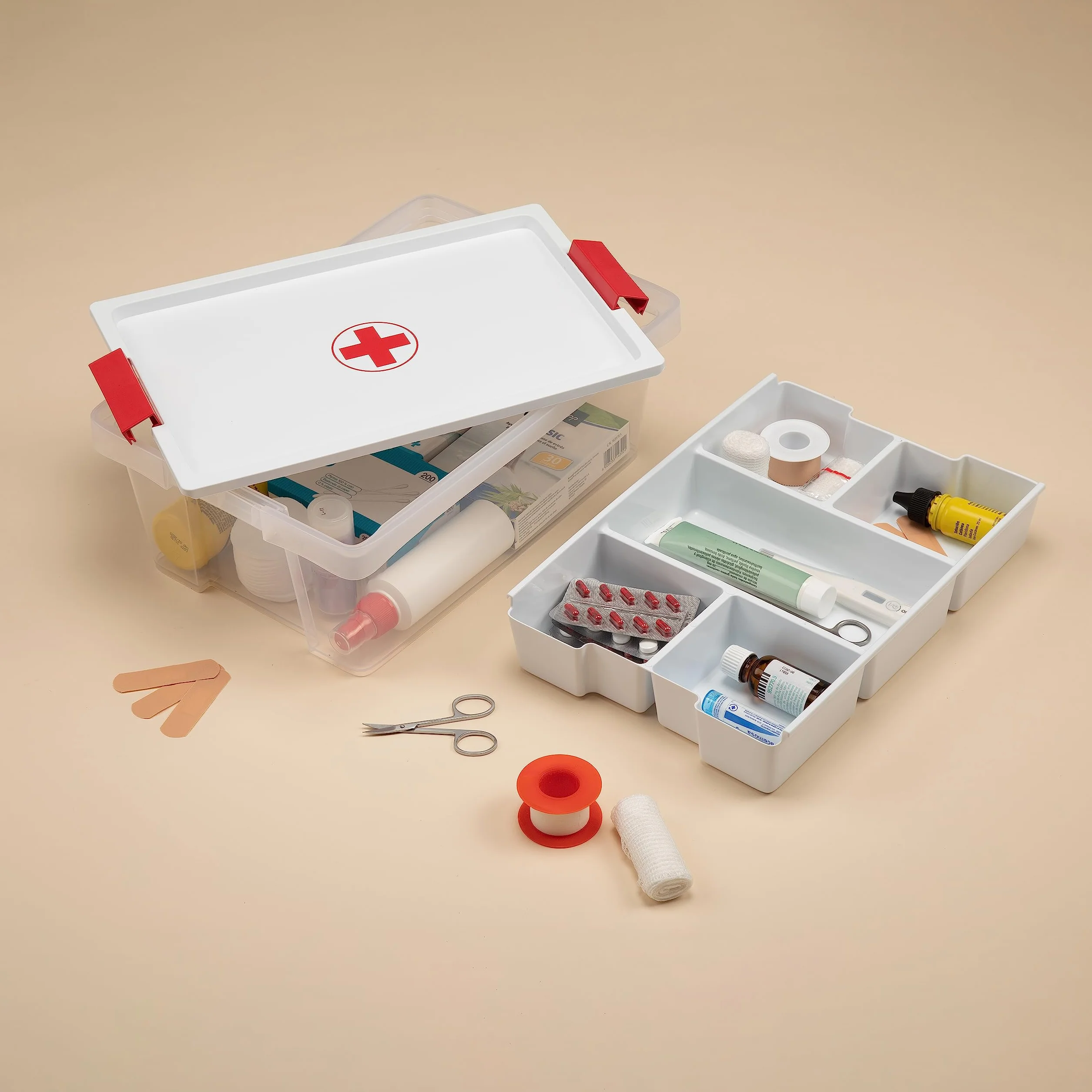 TATAY Cassetta Pronto Soccorso 7L Plastica con Coperchio Vassoio 5 Scomparti 25x36x13,5 cm Bianco