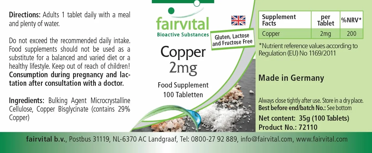 fairvital Compresse di rame 2 mg, ALTO DOSAGGIO, integratore alimentare a base di bisglicinato di rame, vegano, 100 compresse, facili da deglutire