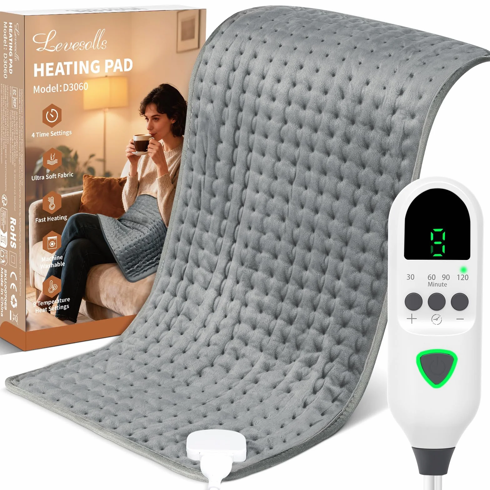 Termoforo Elettrico 60x30cm – Per Schiena, Spalle e Addome, 9 Livelli Di Temperatura, 4 Timer, Riscaldamento Rapido, Spegnimento Automatico, Lavabile In Lavatrice - Grigio Scuro