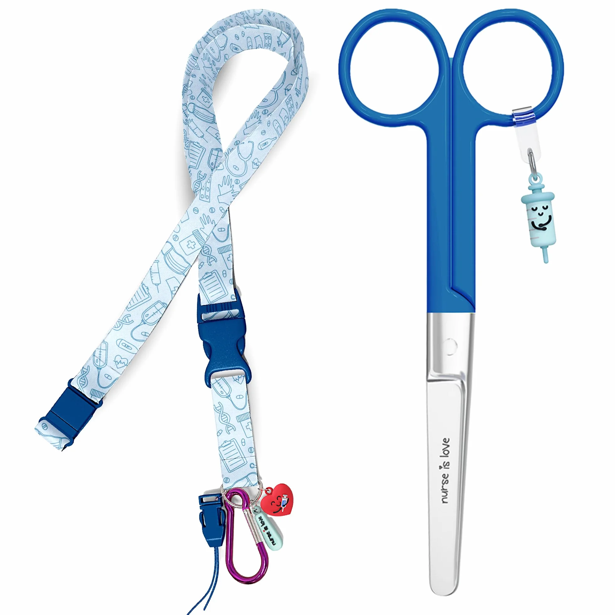 Nurse is Love Set Infermiera e TCAE (2 pezzi). | Porta Badge da Collo - Portachiavi Collo + Forbici Infermiere Mayo | Regali Personalizzati - Kit Accessori - BLU