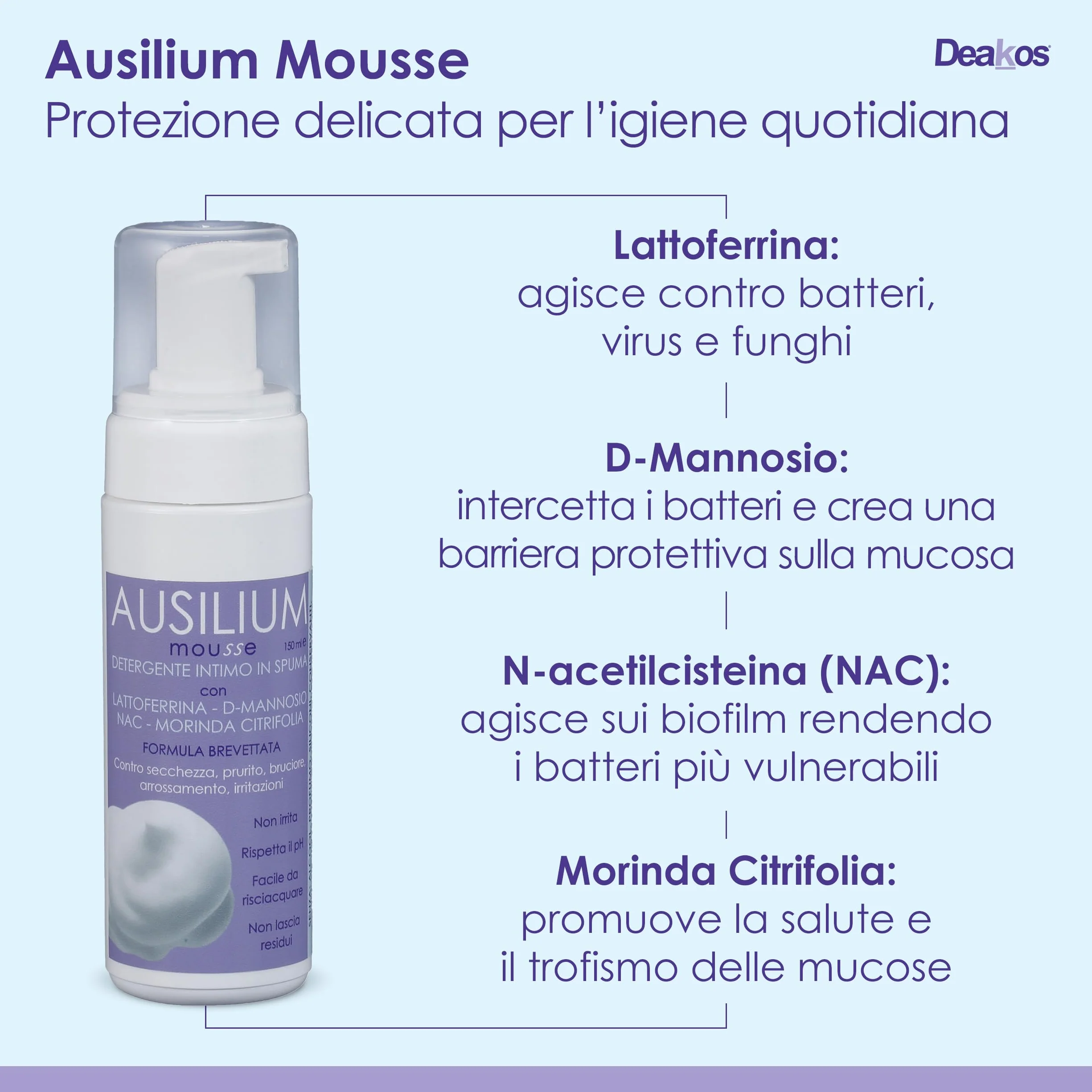 Deakos Ausilium Mousse Detergente Intimo Donna Antibatterico Lenitivo con Lattoferrina D Mannosio NAC Morinda Antiodore Senza Parabeni Siliconi