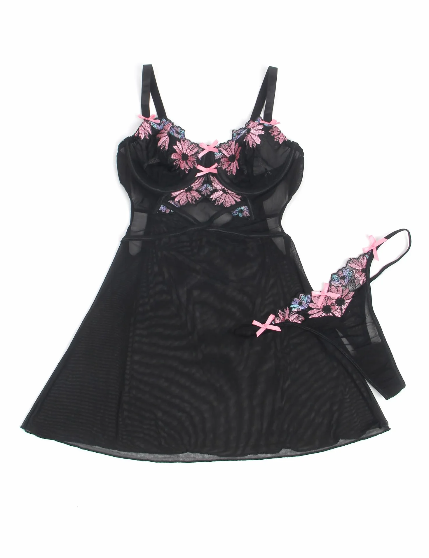 Ohmydear Babydoll Donna Pizzo con Ricamo Completo Intimo Reggiseno Push Up G-String Camicia da Notte Spalline Regolabile Lingerie