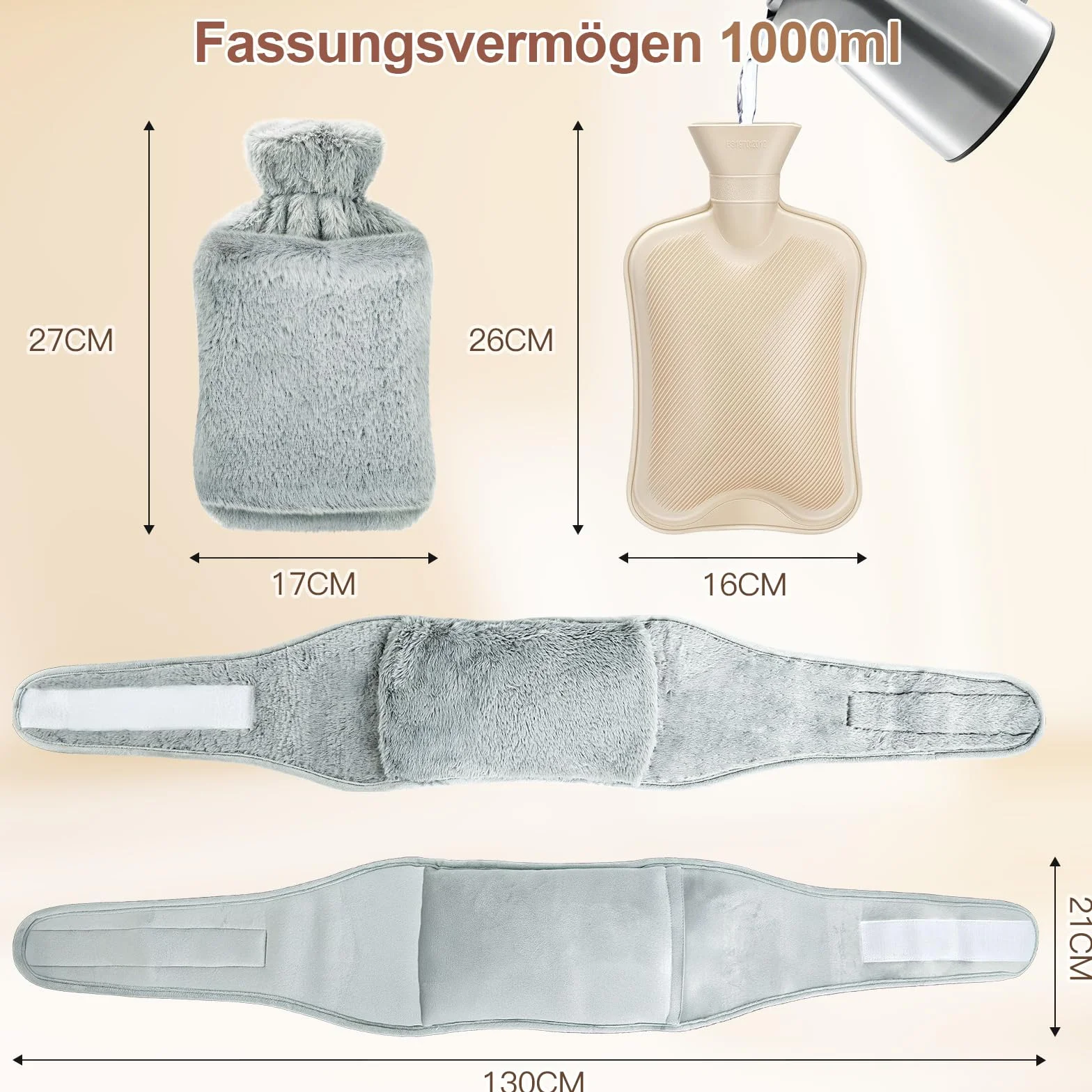 Cintura termica con bottiglia d’acqua calda 1 L, extra-lunga 130 cm, copertina morbida rimovibile, fascia riscaldante per pancia, vita e collo, gomma naturale certificata BS 1970:2012