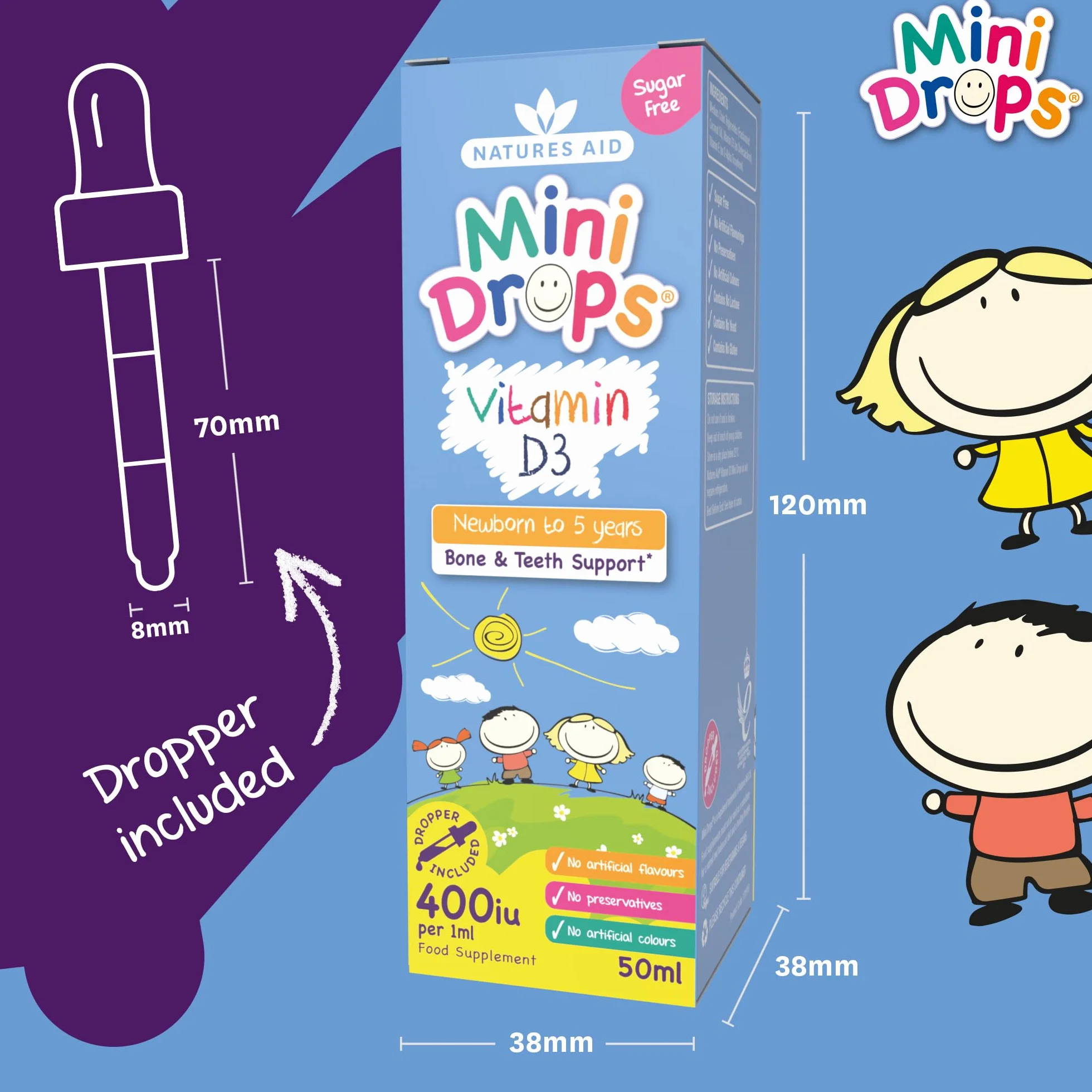 Natures Aid Mini Drops Vitamina D3 50ml per Neonati e Bambini, Supporto per Ossa, Denti e Sistema Immunitario, Senza Zucchero, Vegano, Senza Glutine, Sostegno alla Crescita per Bambini da 0 a 5 Anni