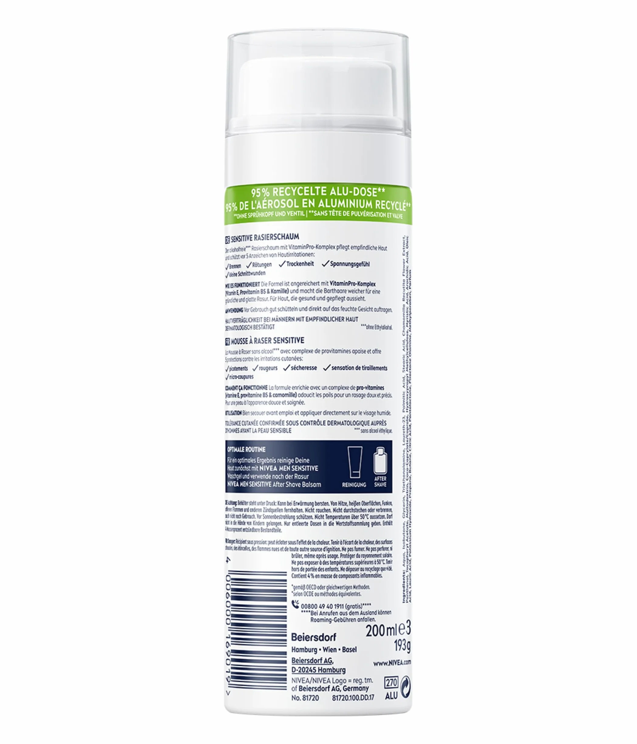 Nivea Men Sensitive - Schiuma da barba da uomo, 200 ml, con estratto di camomilla e vitamina E, per una rasatura delicata, formula protettiva contro le irritazioni cutanee