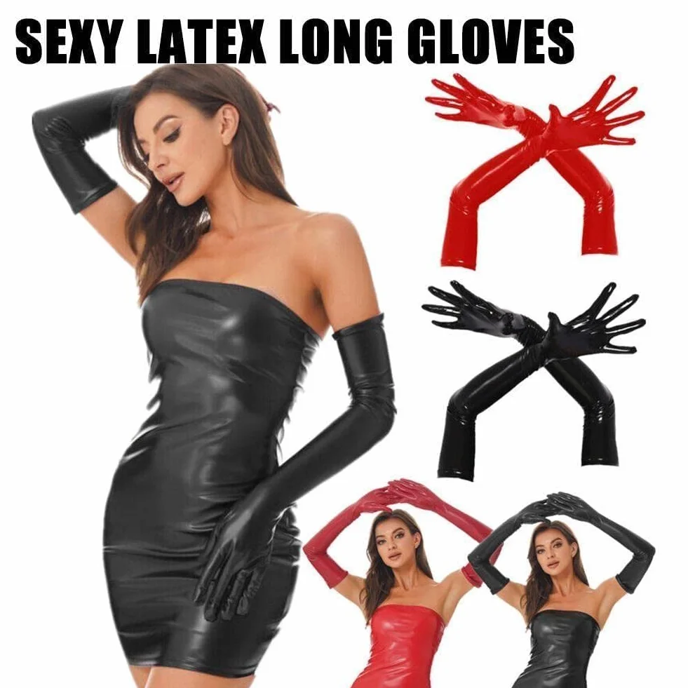 Guanti lunghi sexy in lattice da donna uomo hip jazz clubwear finti bagnati accessori metallici costumi cosplay pelle