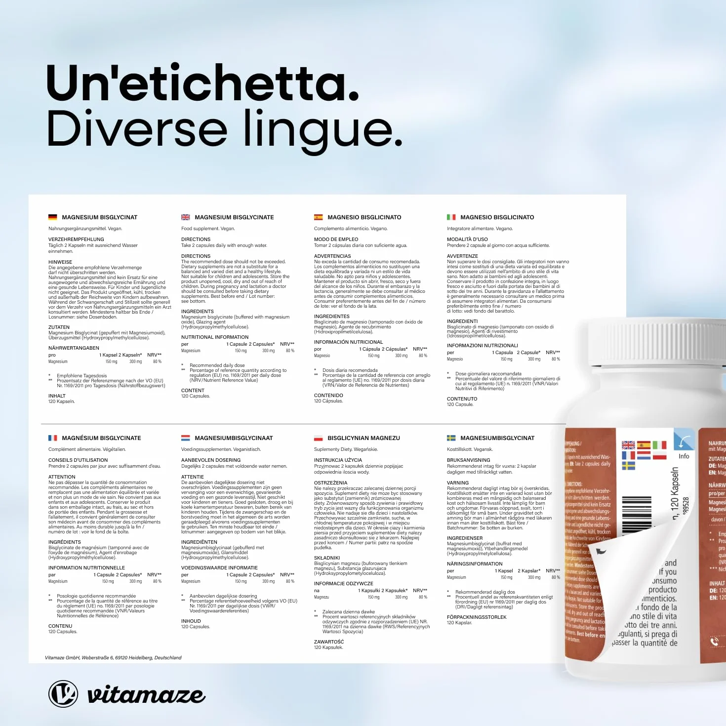 Magnesio Bisglicinato 1500 mg in sole 2 capsule piccole al giorno altamente dosate, 300 mg magnesio elementare, Anti Stress, Fatica e Dolori Muscolari, Rilassante, 120 capsule vegane, Made in Germany