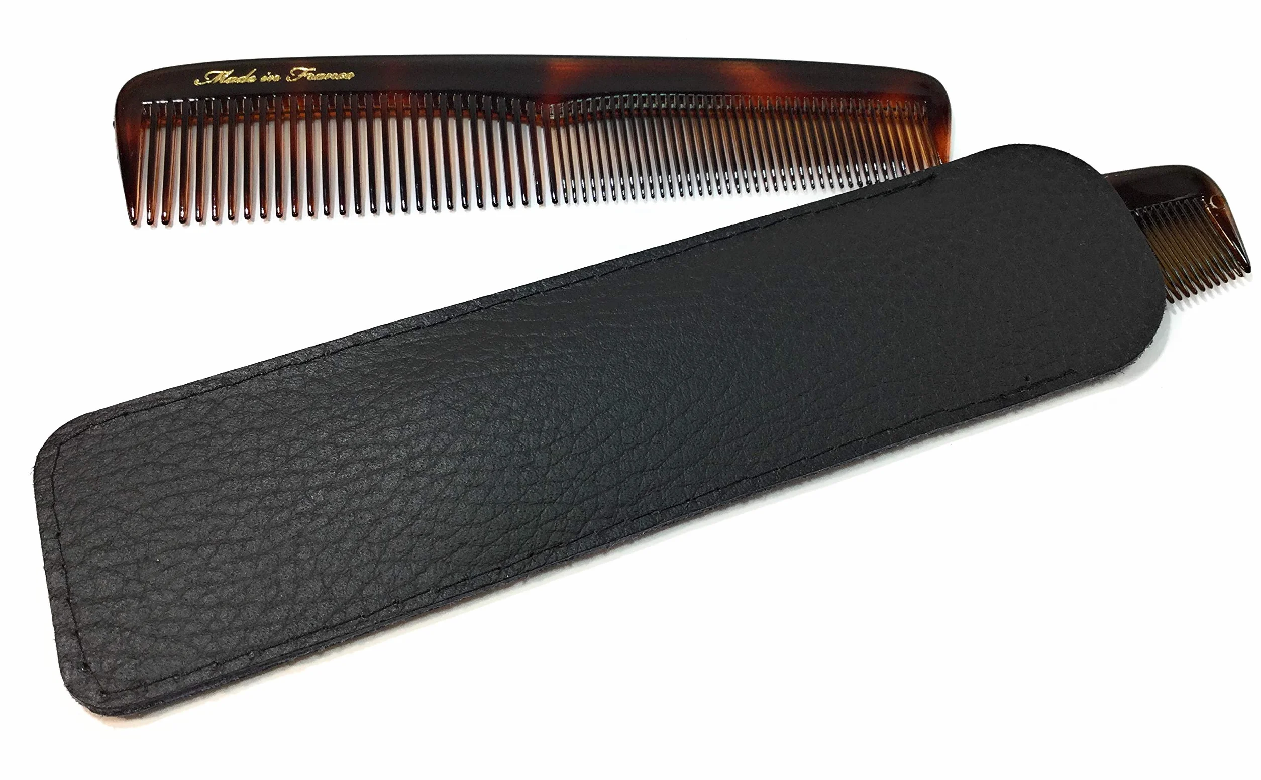 Pettine da tasca in acetato havana-ambra 13,5 cm made in France con astuccio in vero cuoio nero