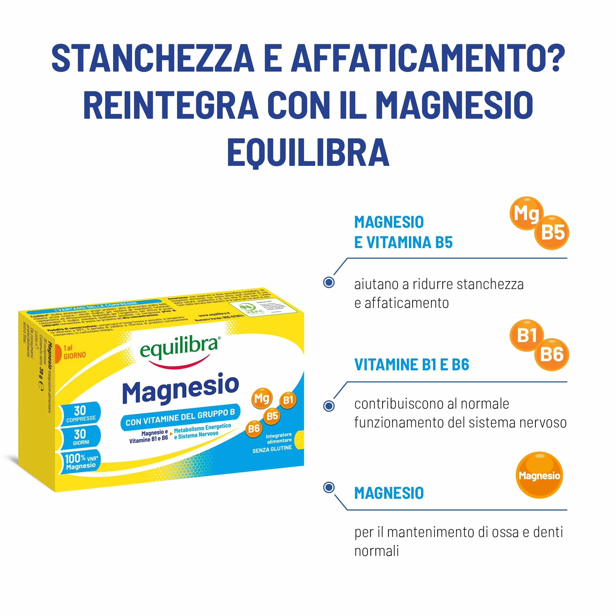 equilibra Integratori Alimentari, Magnesio con Vitamine del Gruppo B, Integratore Magnesio e Vitamine B1, B5 e B6, Per il Normale Metabolismo Energetico, Senza Glutine, 30 Compresse