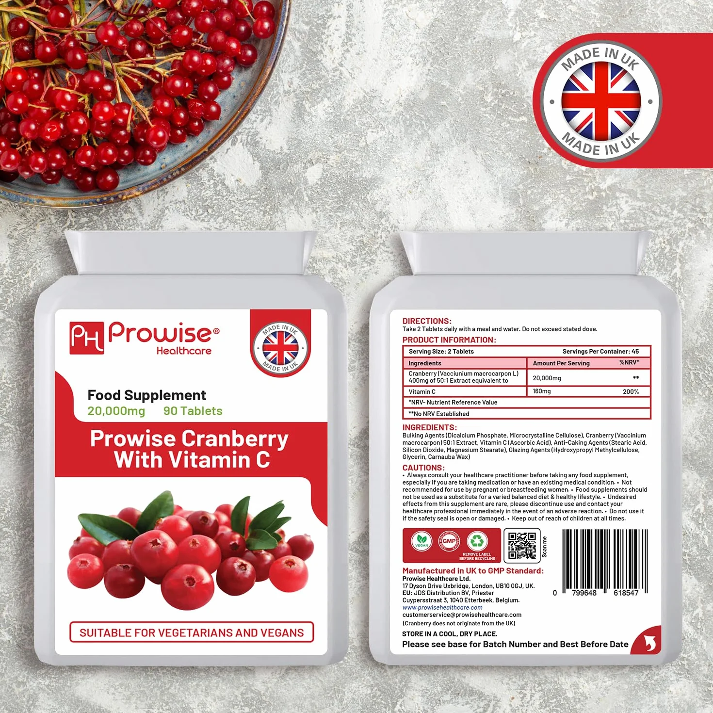 Mirtillo rosso a doppia concentrazione 20.000 mg con aggiunta di vitamina C - 90 compresse vegane | Compresse facili da deglutire | Prodotto nel Regno Unito da Prowise Healthcare