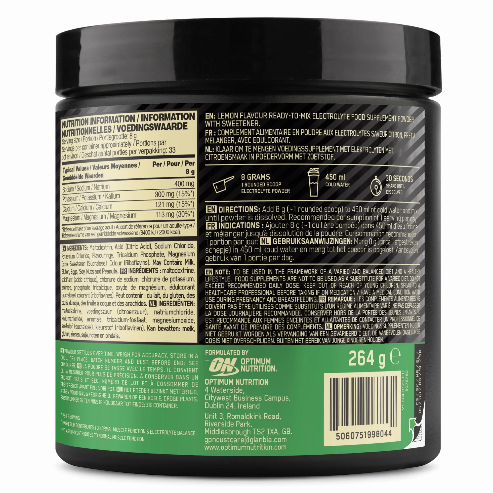 Optimum Nutrition Electrolyte Powder, Integratore di Elettroliti in Polvere, Gusto Limone, 264 g, 33 Porzioni