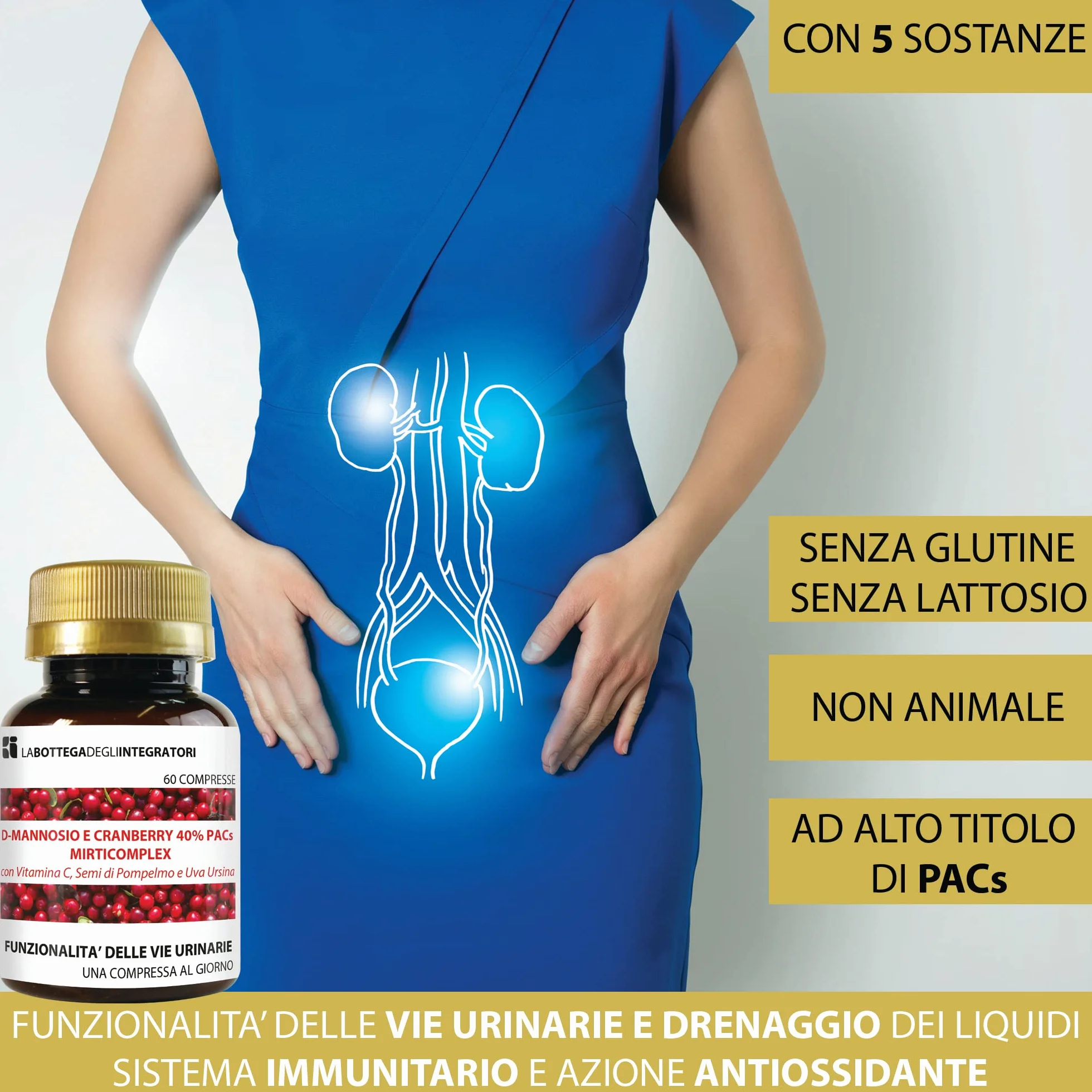 D - Mannosio e Cranberry 40% PAC Mirti Complex con Semi di Pompelmo, Uva Ursina e Vitamina C | 60 compresse 1 al dì | Mirtillo Rosso ad Alto Dosaggio