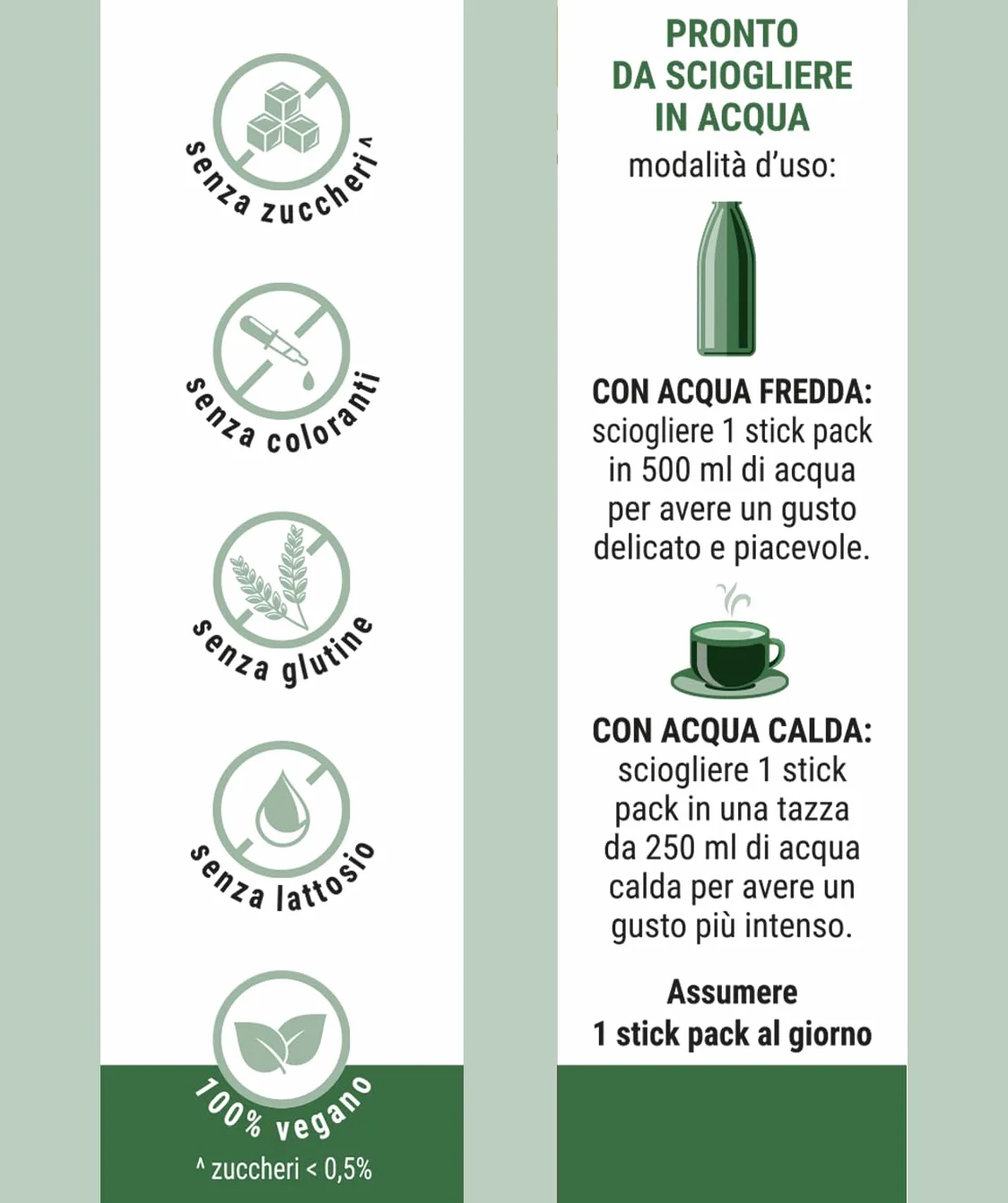 Integratore solubile, Gusto tè verde, Confezione da 12 stick da sciogliere in acqua fredda o calda. Favorisce il drenaggio dei liquidi corporei.