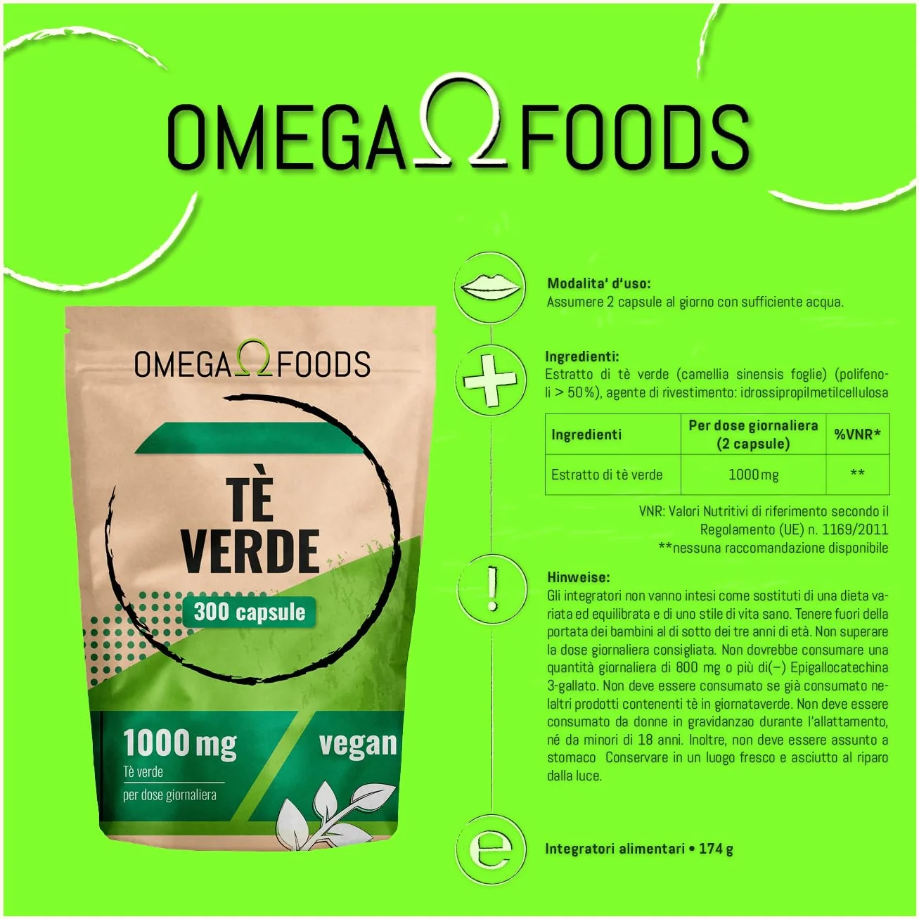 Capsule di tè verde – 300 capsule di estratto di tè verde ad alto dosaggio – 1 000 mg per dose giornaliera – Estratto di tèverde