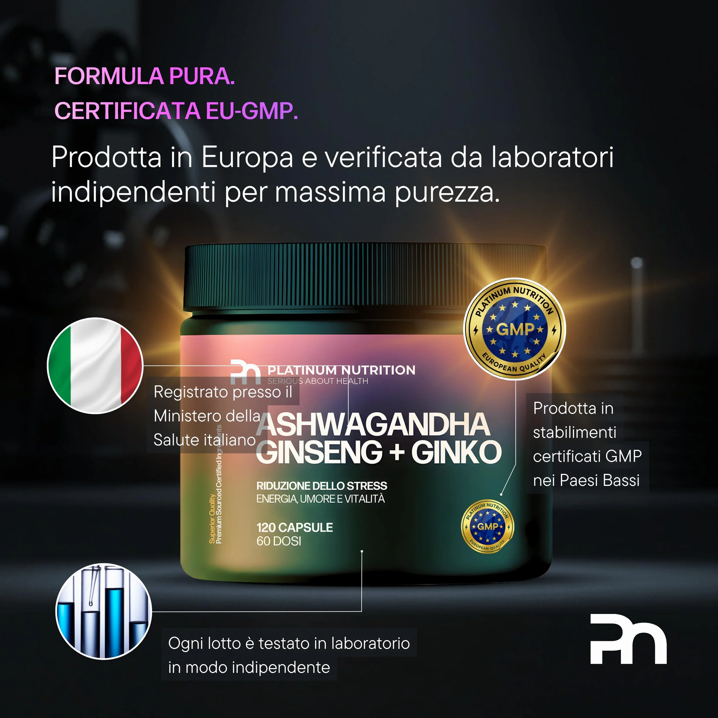 Platinum Nutrition Ashwagandha KSM-66 con Ginseng & Ginkgo Biloba, 120 Capsule (2 Mesi) | Integratore Naturale Adattogeno per Energia Mentale, Memoria, Ansia e Stress | Complesso con Ashwagandha Pura