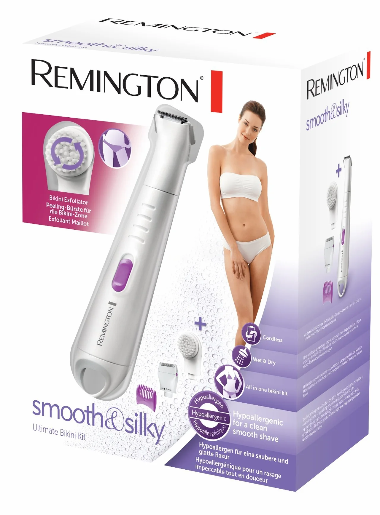 Remington Epilatore Kit bikini liscio e setoso Nano Silver Ipoallergenico Impermeabile Mini lamina Pettine 2-6 mm