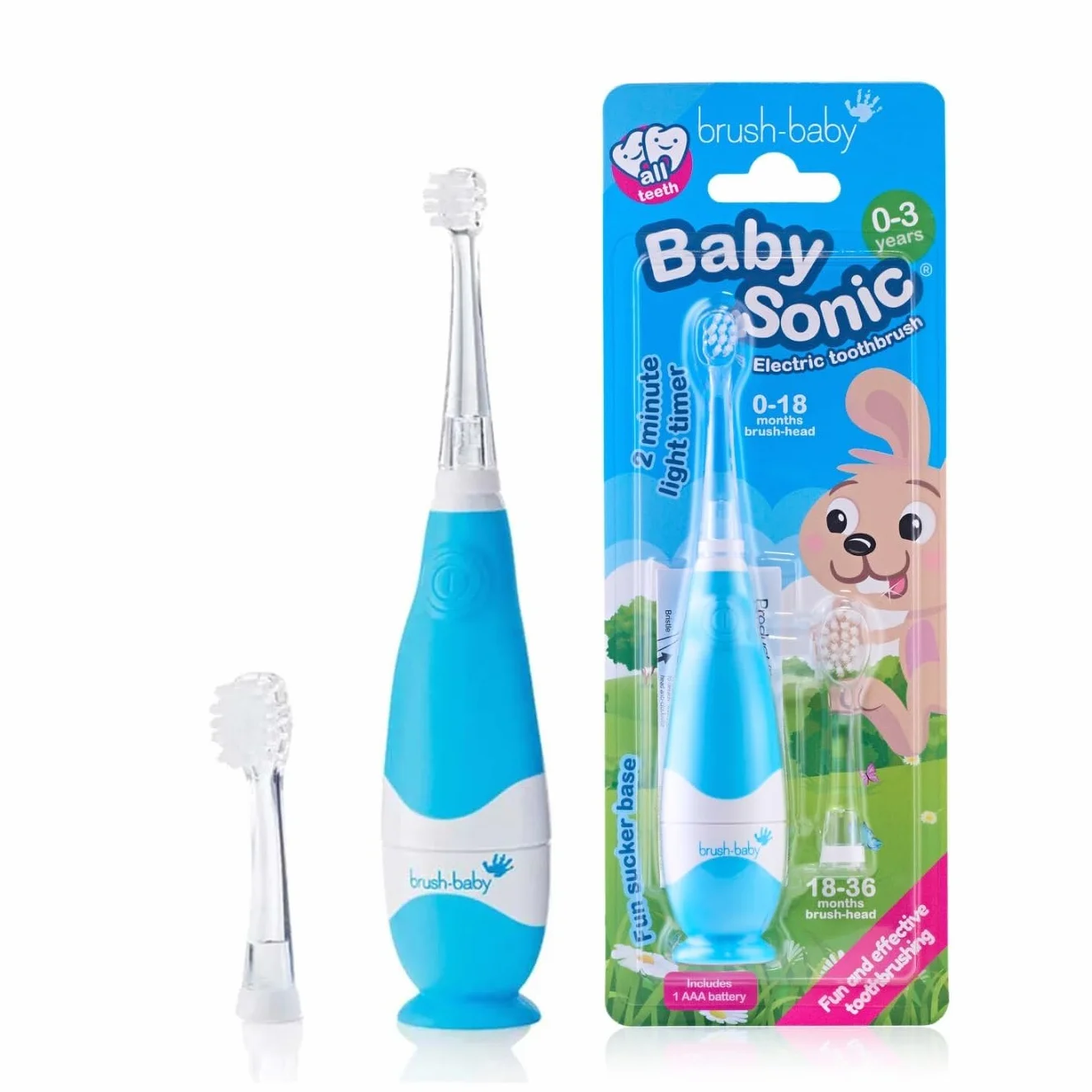 Brush-Baby - BabySonic - Spazzolino elettrico blu, 0-36 mesi, morbido e delicato, per gengive sensibili e denti nuovi, con luce LED e base di aspirazione, testine per neonati e bambini