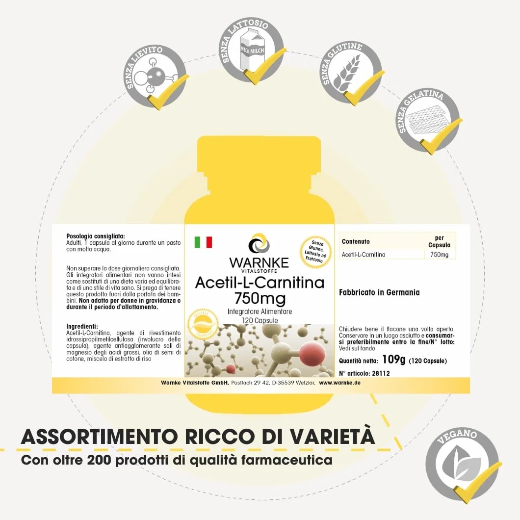 Acetil-L-Carnitina 750mg 120 Capsule Warnke Vitalstoffe vegano