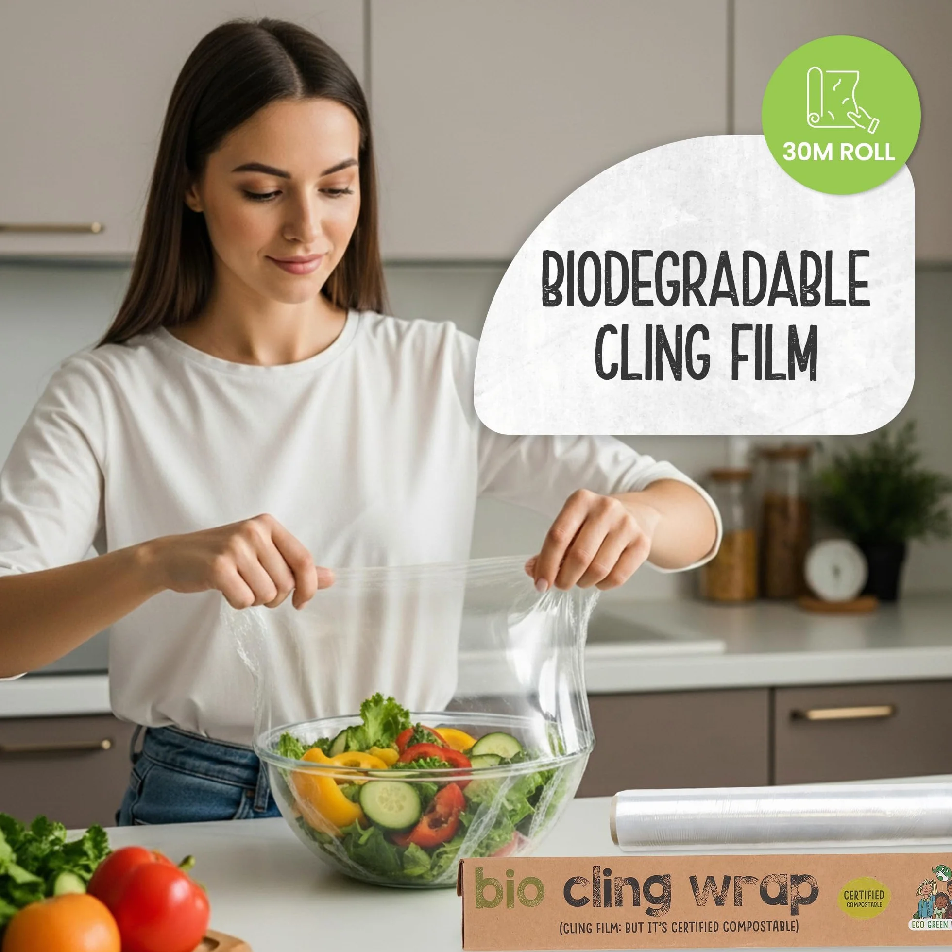 Pellicola trasparente biodegradabile Eco Green Living, 100% compostabile, senza BPA e plastica, vegana, adatta a dispenser in cartone riciclabile. Confezione da 3 rotoli da 30 cm x 30 m