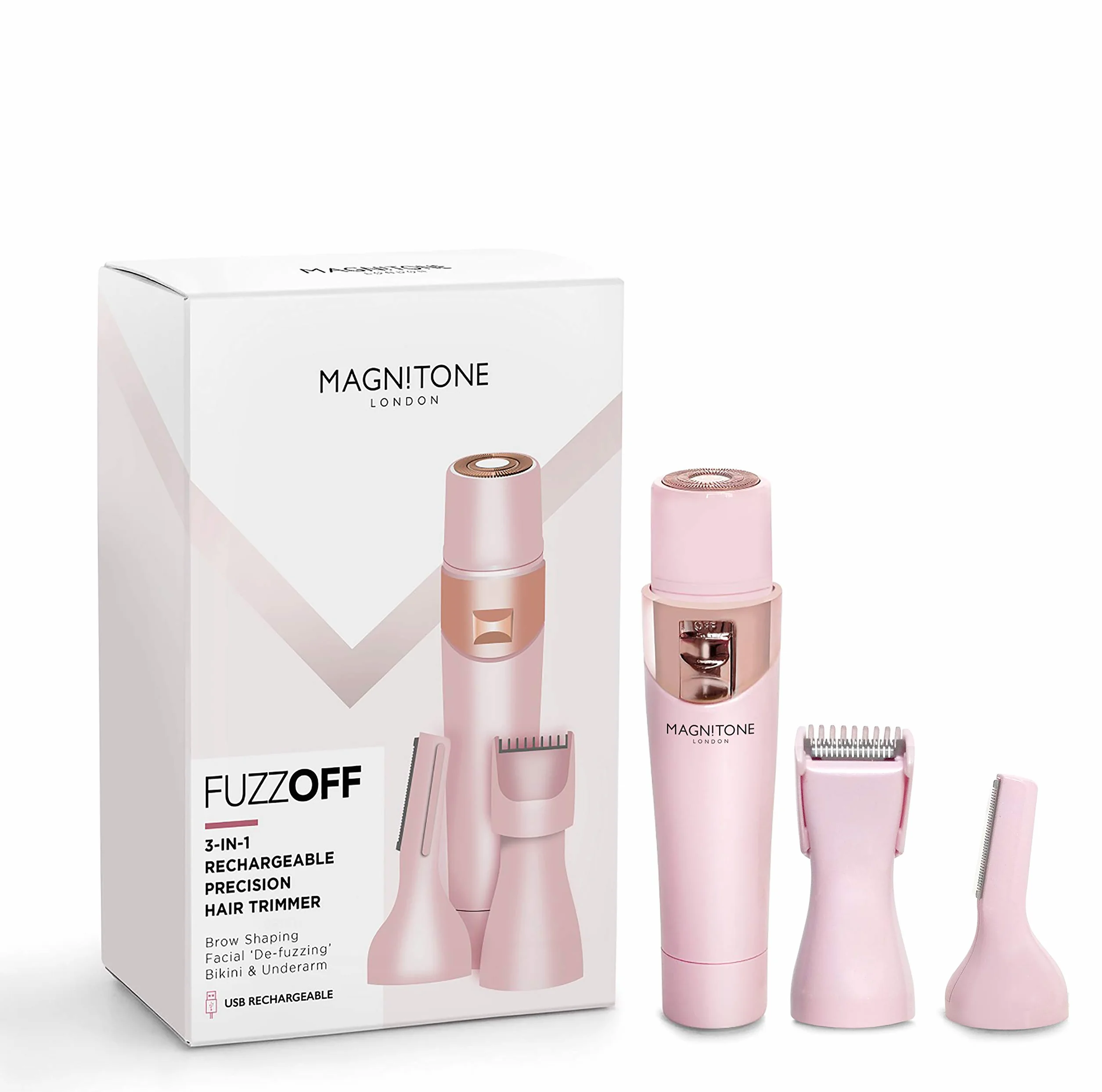 Magnitone FuzzOff Rasoio di Precisione Ricaricabile 3-in-1 Depilatore Viso Corpo Rosa