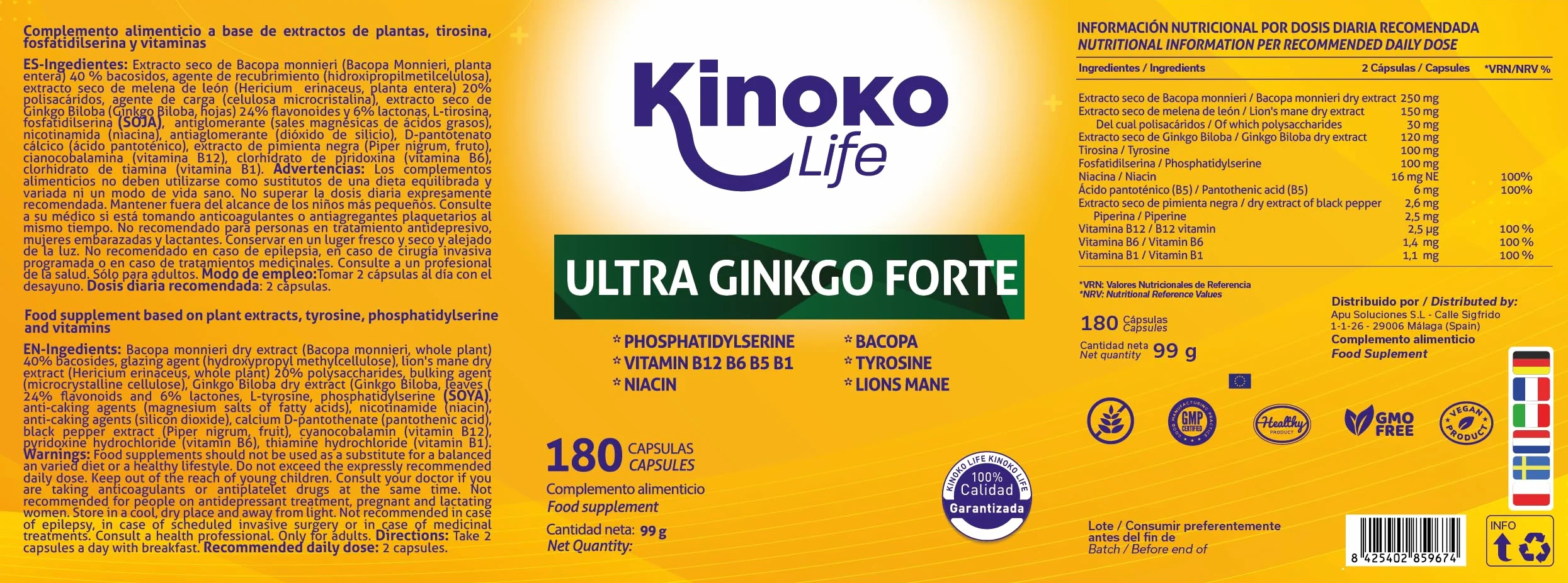Ginkgo Biloba Forte 180 Capsule con Bacopa, Fosfatidilserina, Criniera di Leone, Tirosina, Niacina e Vitamine B Complex per Memoria e Concentrazione