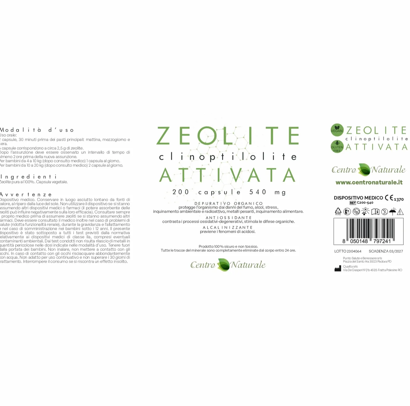 Zeolite Clinoptilolite Attivata 100% 200 capsule 540 mg Dispositivo medico classe 2a Uso orale Prodotta Italia