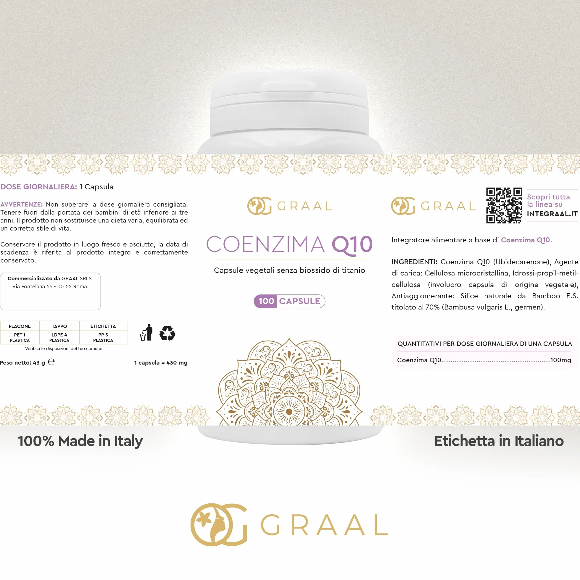 Graal Coenzima Q10 Migliore - Ubidecarenone (forma ossidata dell'Ubiquinolo) Naturale per Energia Cellulare, Azione Antiossidante, Contro l'Invecchiamento Cellulare e lo Stress Ossidativo