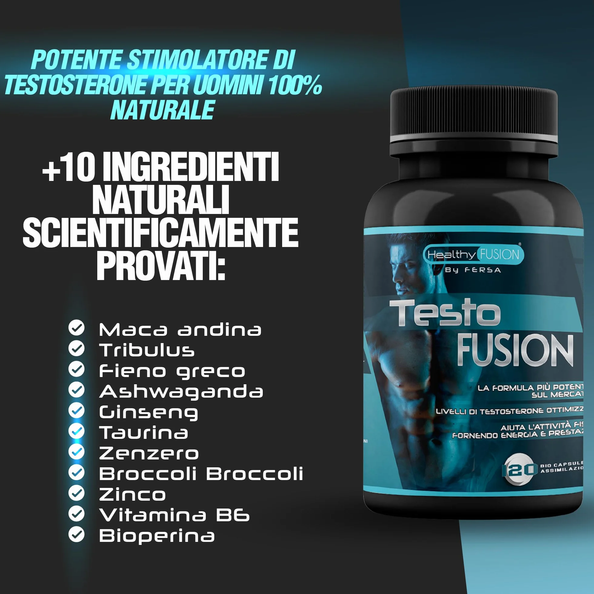 Healthy Fusion Booster Testosterone | Potenziante naturale del testosterone | Taurina + Maca andina, Ginseng | Energizzante 120 capsule