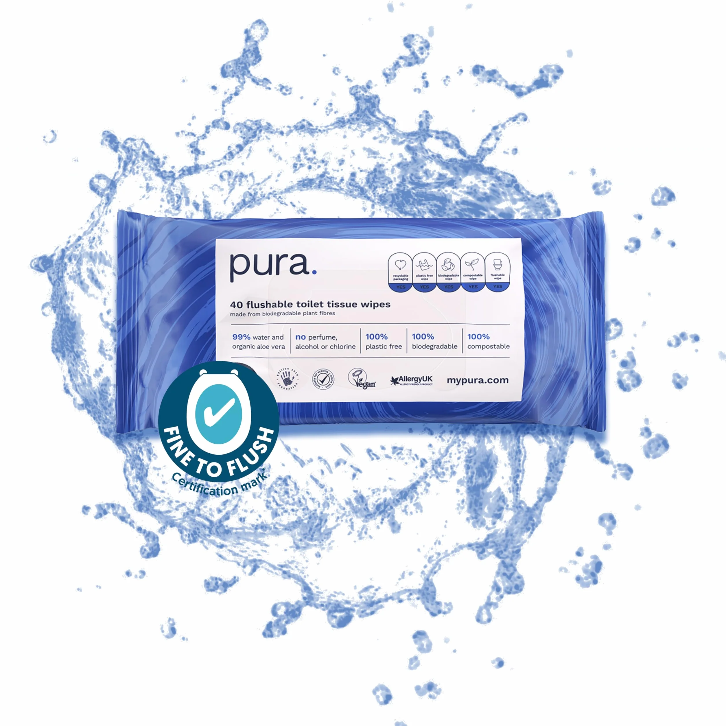 Pura Carta Igienica Umidificata 40 Salviette per Pelle Sensibile Biodegradabili Fine to Flush