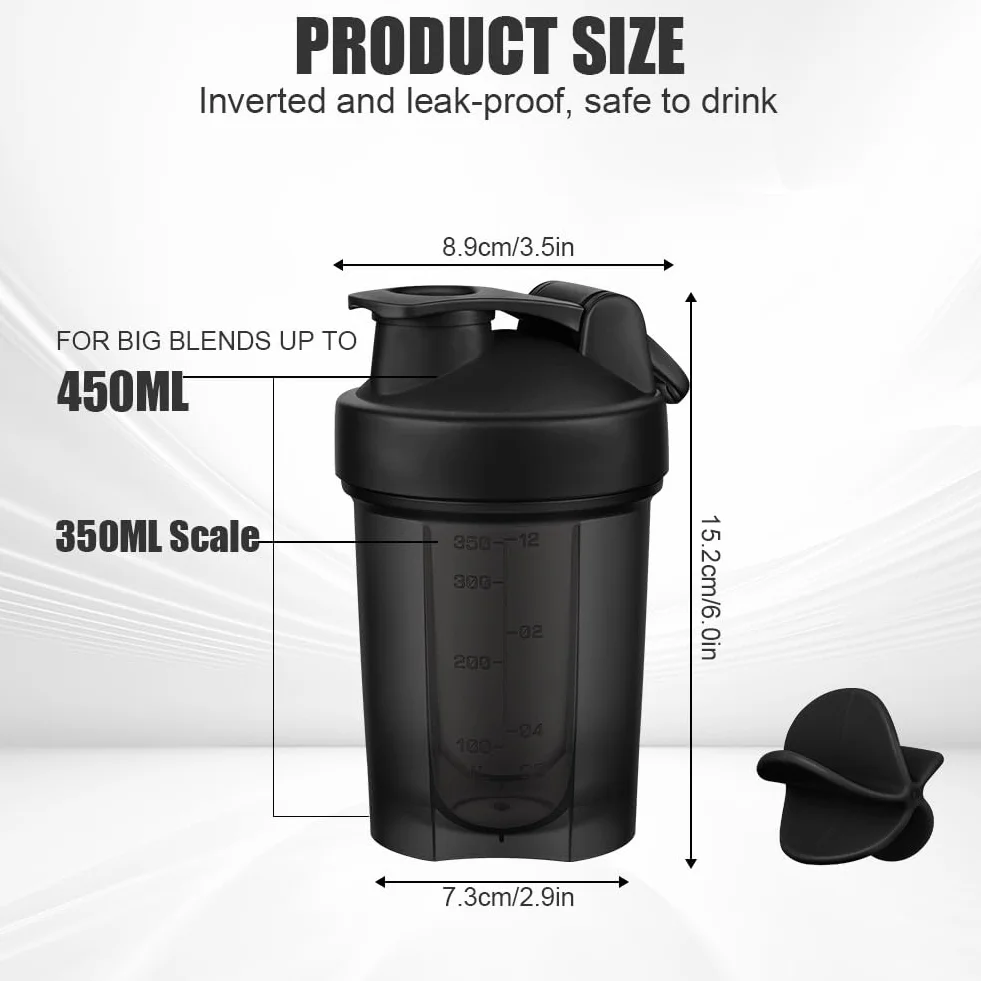 AOOWU Shaker per Proteine, 2 Pcs Shaker Proteico 350 ML con Sfera di Miscelazione, Agitatore Snap-Fit, Protein Bottiglie a Prova di Perdite, Bottiglie per Miscele di Proteine e Integratori, Senza BPA