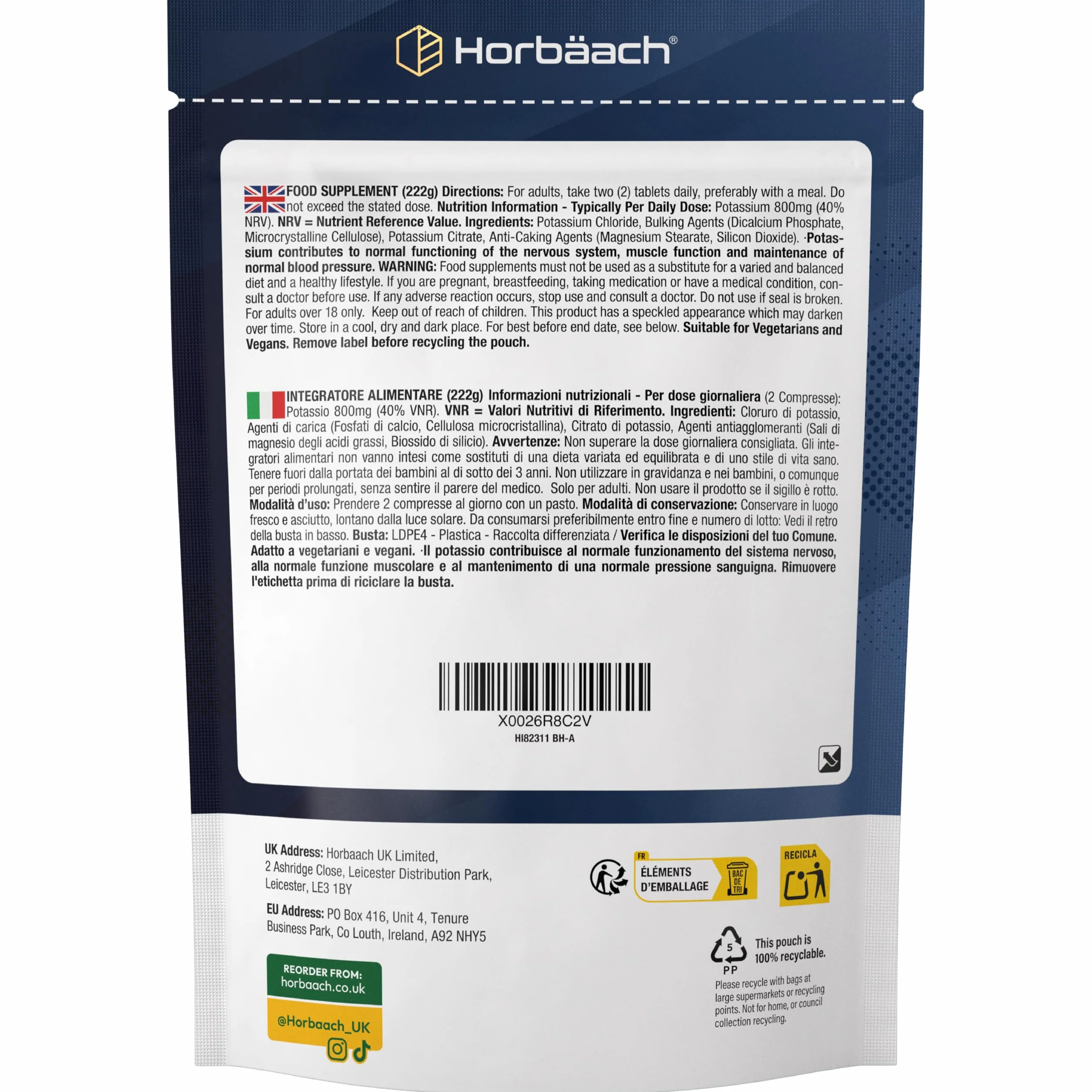 Potassio Integratore 800mg | 120 Compresse Vegane | ad Alto Dosaggio | Potassium | Horbaach