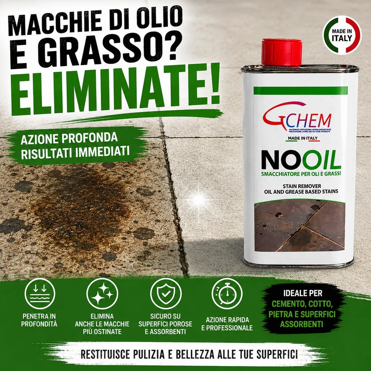Smacchiatore Professionale per Marmo, Cotto, Pietra e Cemento - Rimuovi Macchie di Olio e Grasso