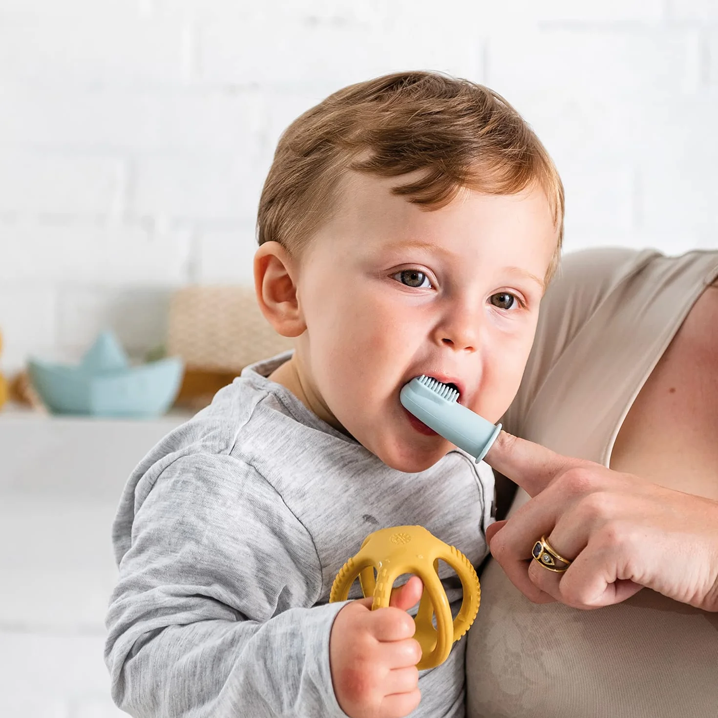 Nattou Set di 2 spazzolini da denti per bambini blu petrolio e blu acqua