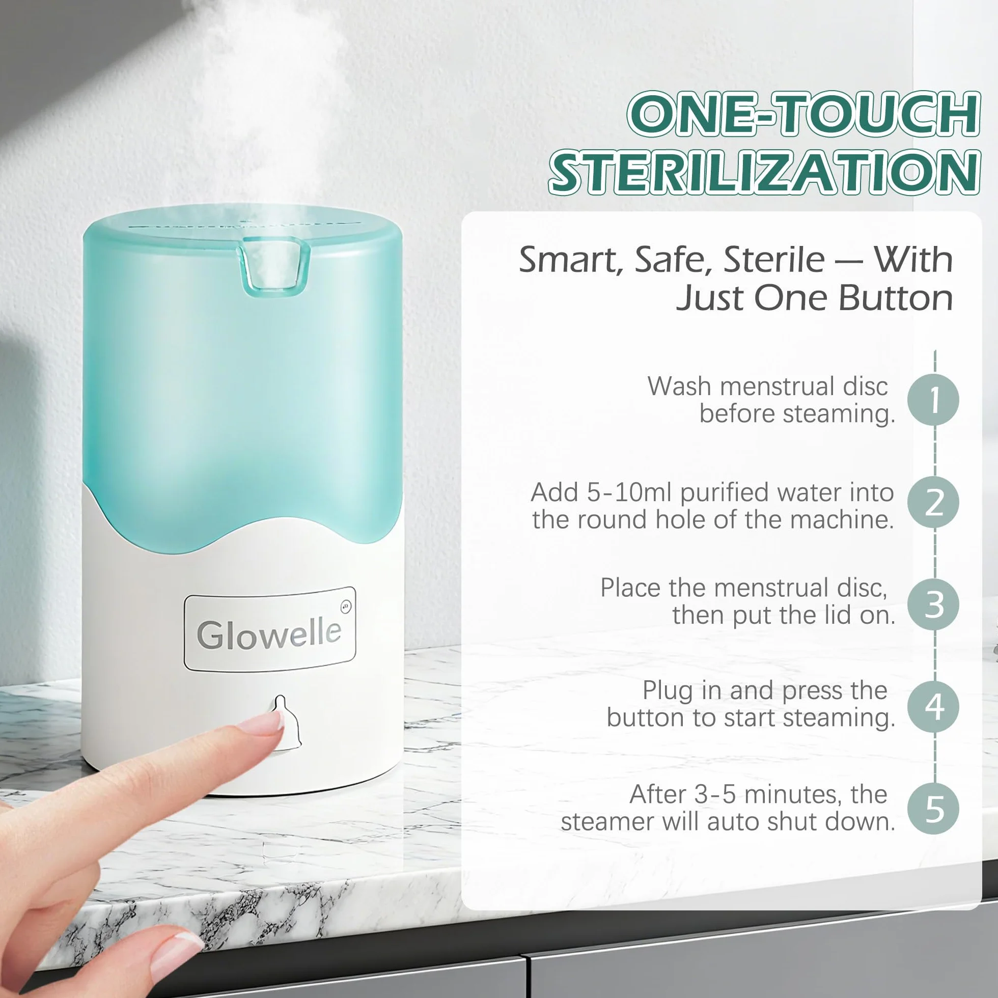 GLOWELLE Set Disco Menstruale e Sterilizzatore, Mini Pulitore a Vapore per Disco/Coppa con 2 Dischi Menstruali Riutilizzabili Morbidi, Alternativa a Tampone, Salvaslip e Coppa per Donne