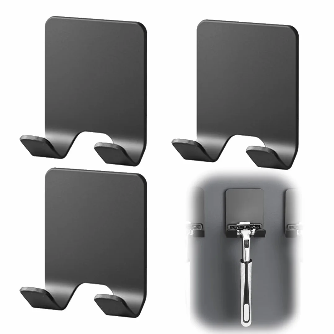 Porta Rasoio Doccia, Gancio Doccia, Supporto Rasoio, Ganci Porta Rasoio Autoadesivi, Ganci Adesivi, Shower Holder, Ganci Adesivi per Bagno Cucina Toilette Ufficio (3 Pezzi, Nero)