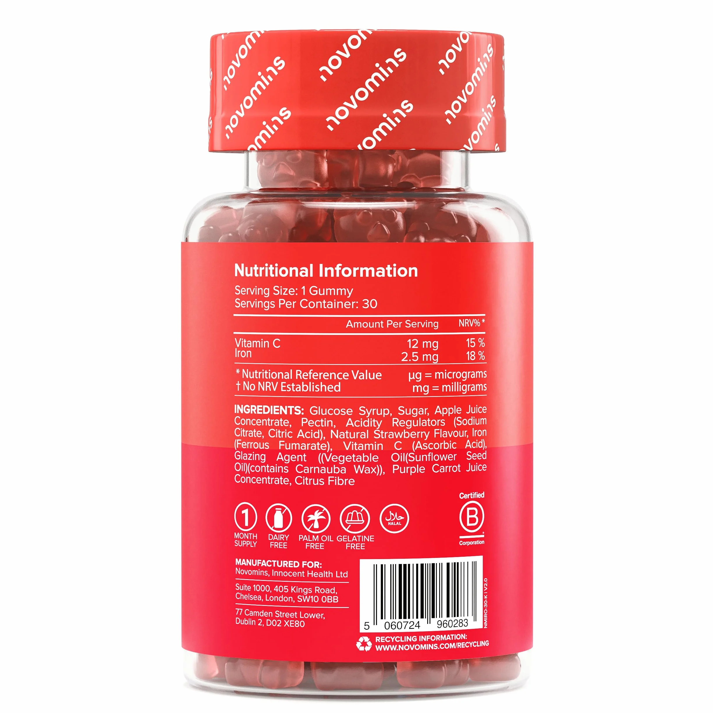 Ferro Bambini Gommose – Ferro + Vitamina C per l'Assorbimento – Energia, Globuli Rossi e Difese – Vegano, Senza Glutine – 30 Gommose Gusto Fragola – Novomins