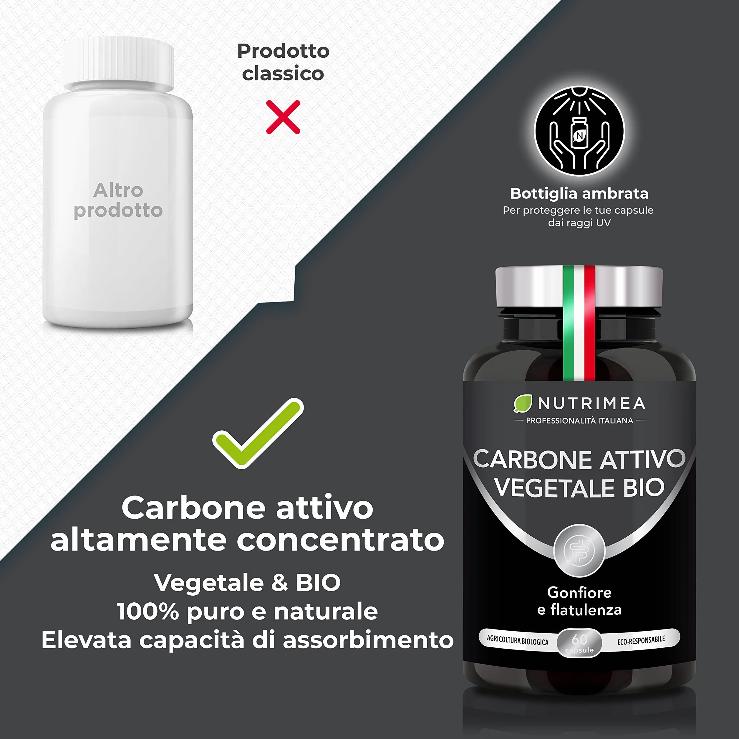 Nutrimea Carbone Attivo Vegetale Biologico 60 Capsule Integratore Contro Gonfiore Addominale