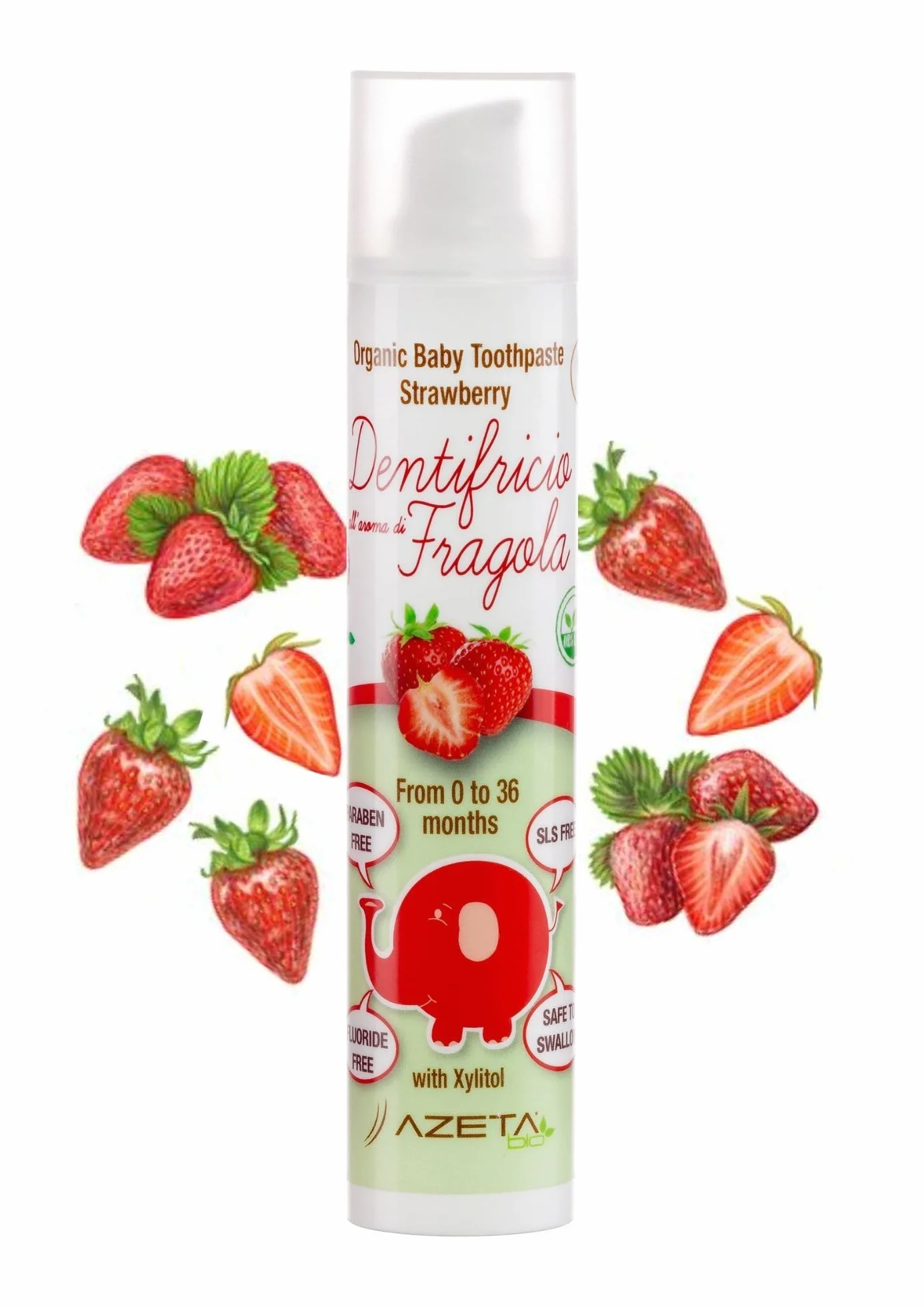 Dentifricio biologico certificato con xilitolo - Linea Bimbi (baby) - confezione da 50 ml al gusto fragola - rafforza gengive e lo smalto - non contiene fluoro