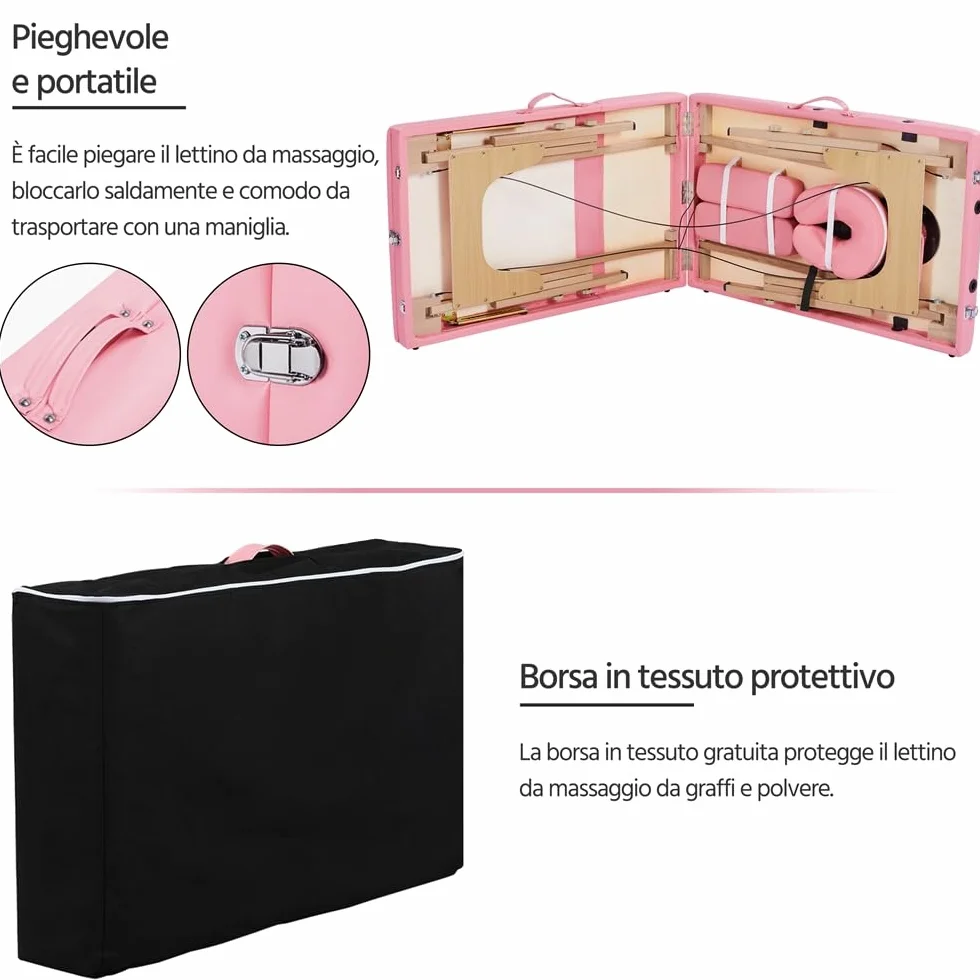 Yaheetech Lettino da Massaggio Portatile Pieghevole Legno Faggio 213 x 57 cm Altezza Regolabile Rosa