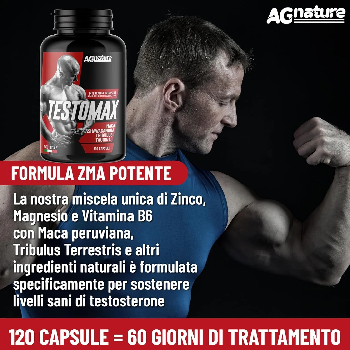 AG nature Testosterone Uomo Aumento Massa Muscolare x Palestra 120 Capsule | Integratore Forte Energizzante con Maca Peruviana, Magnesio, Zinco e Vitamina B6