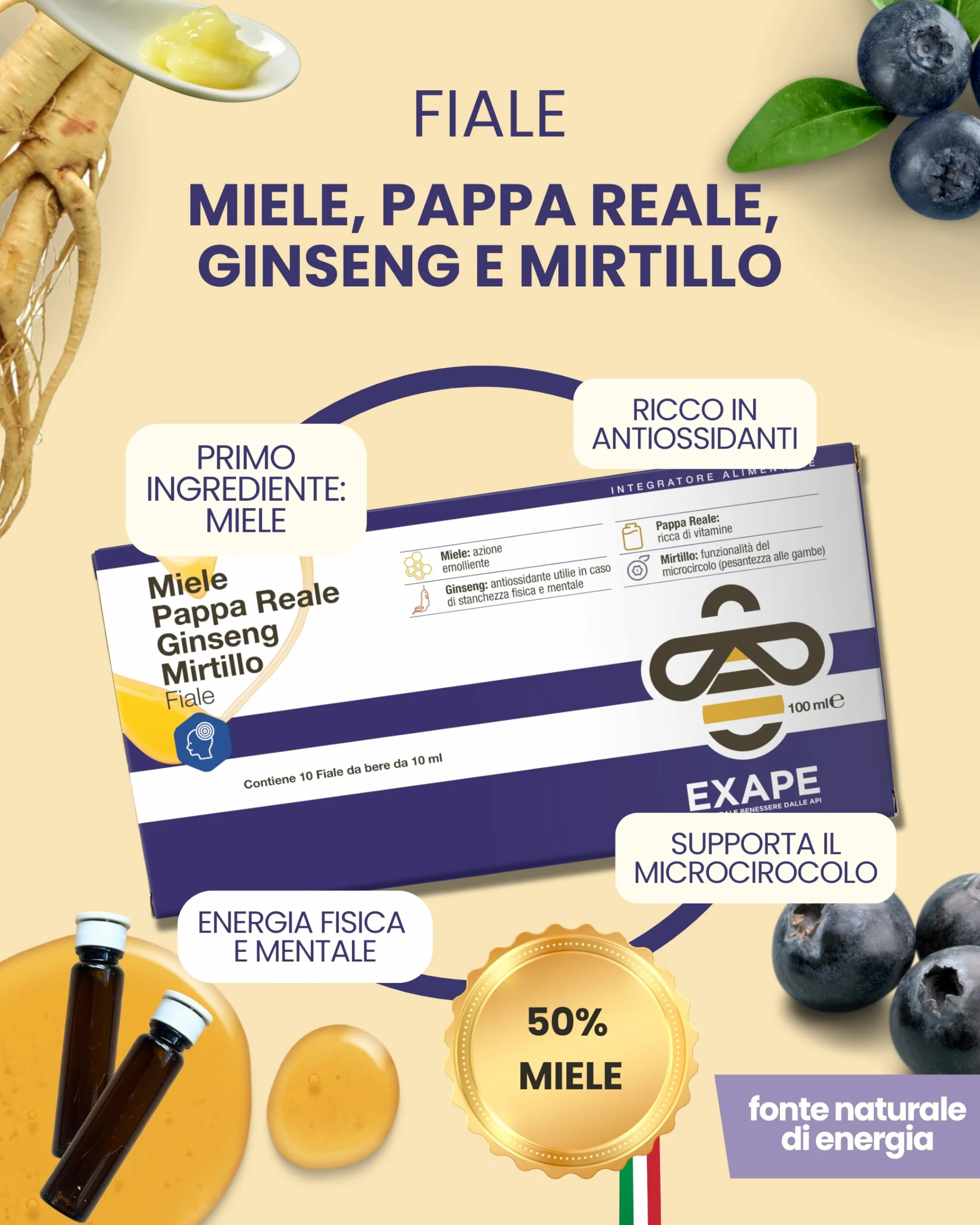 EXAPE Pappa Reale Fresca Tonico Naturale Integratore Energetico con Miele 50% e Ginseng 10 Flaconcini da 10ml 2 Confezioni