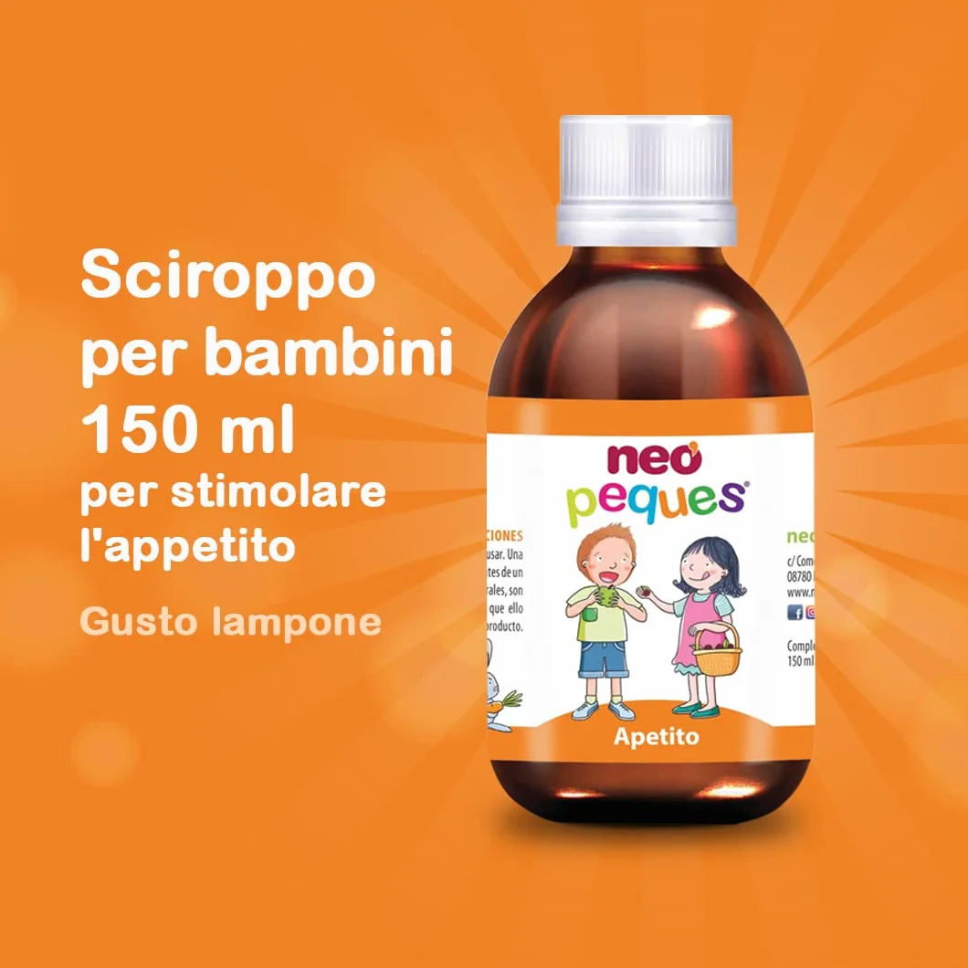 NEO PEQUES Sciroppo per Bambini Appetito 150 ml Stimola Appetito Riduce Stanchezza Estratti Vegetali Oligoelementi Gusto Lampone