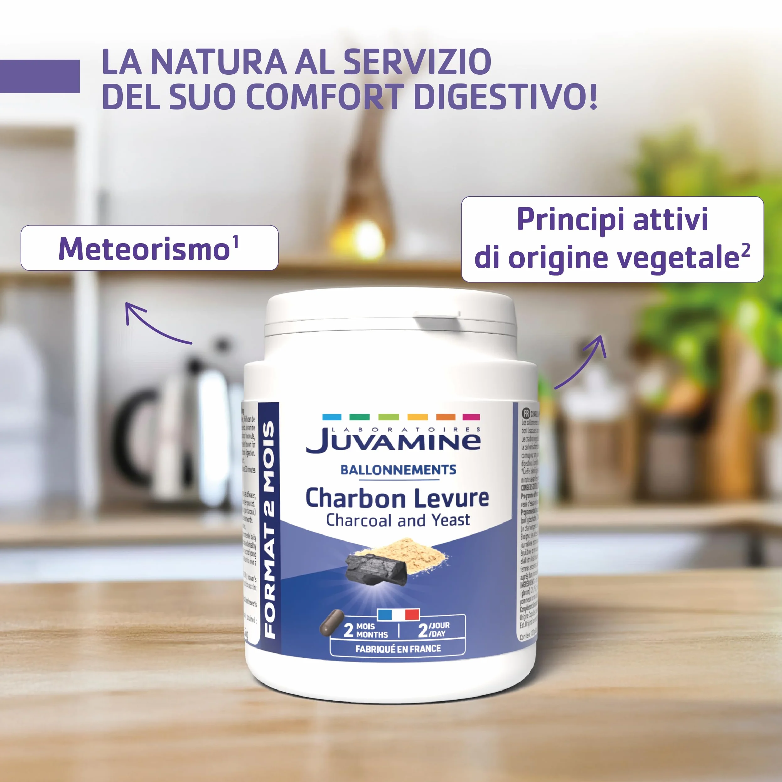 JUVAMINE Digestione Carbone di lievito Gas intestinale 120 Capsule Formato Maxi