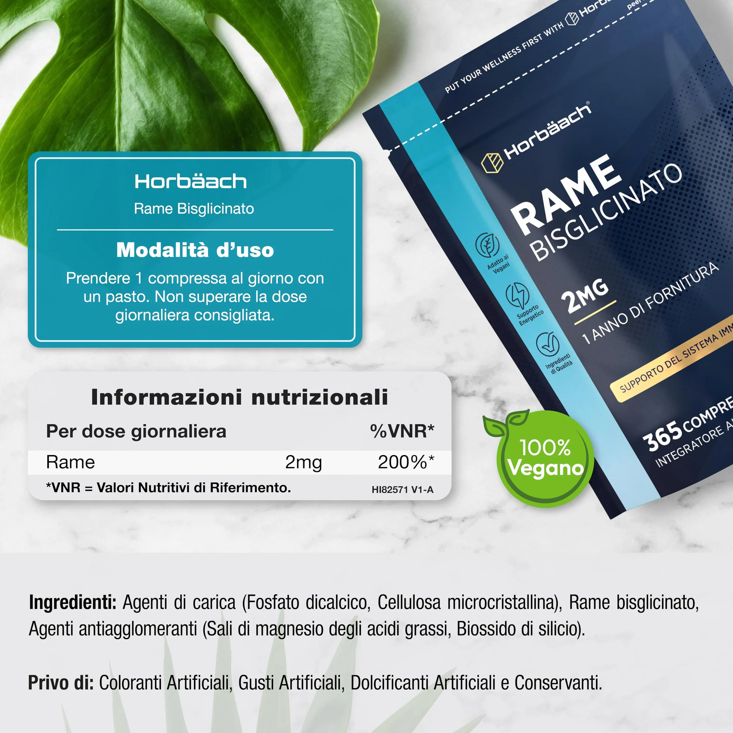 Rame Integratore 2mg | 365 Compresse Vegane per 1 Anno | Alternativa a Rame Integratore Capsule | Integratore Alimentare ad Alto Dosaggio | Chelated Copper Supplement | di Horbaach