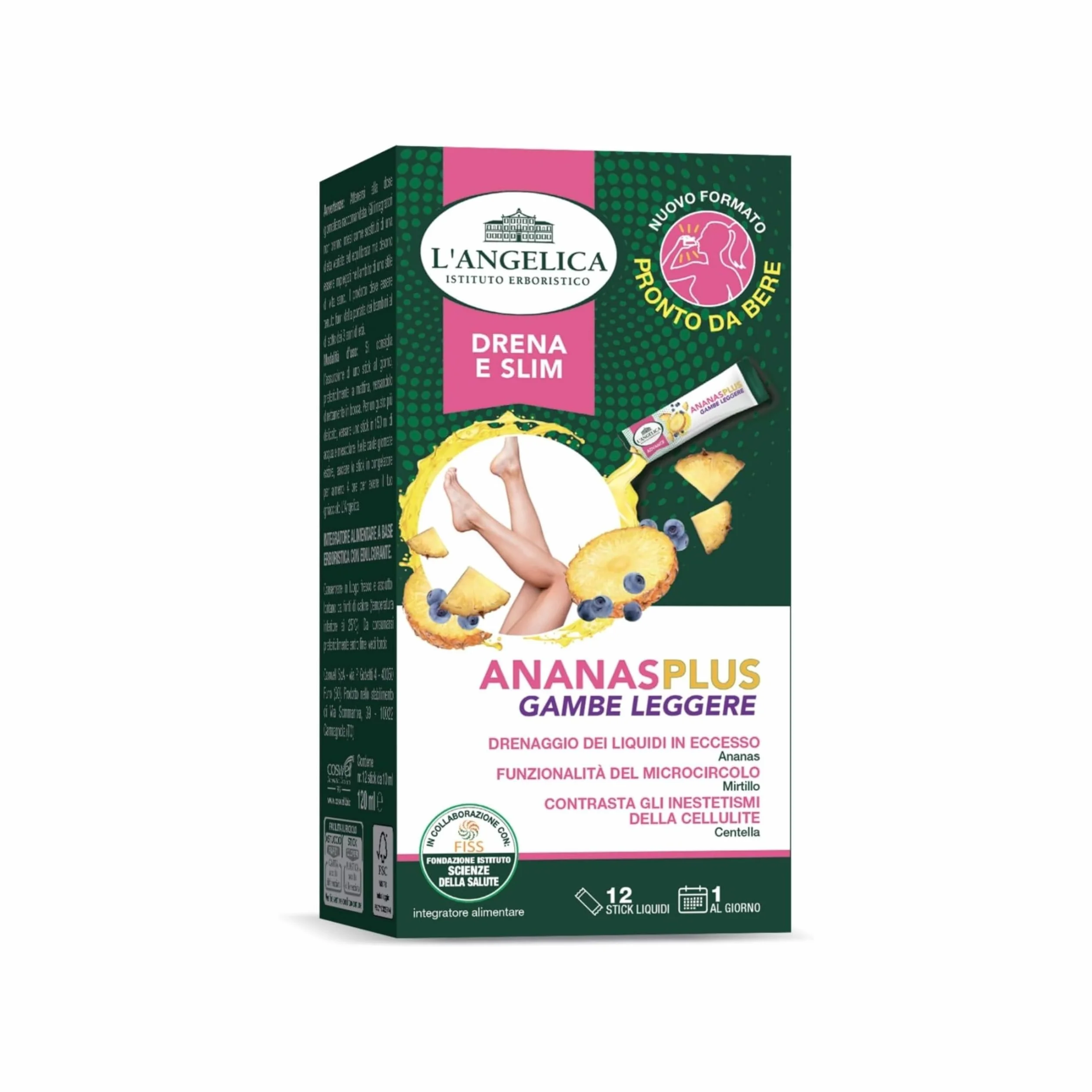 L'Angelica Ananas Plus Gambe Leggere Integratore Drenante Circolazione Anti Cellulite 12 Stick Liquidi