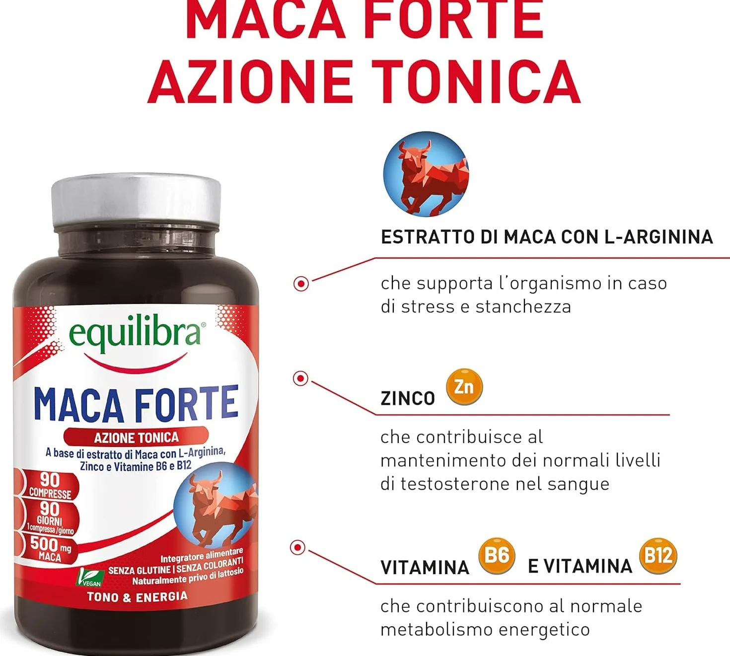 Equilibra Integratori Alimentari, Maca Forte, Tono e Vigore Fisico, Altodosato a Base di Estratto di Radice di Maca Peruviana 500 mg, L-Arginina, Zinco, Vitamine B6 e B12, 90 Compresse